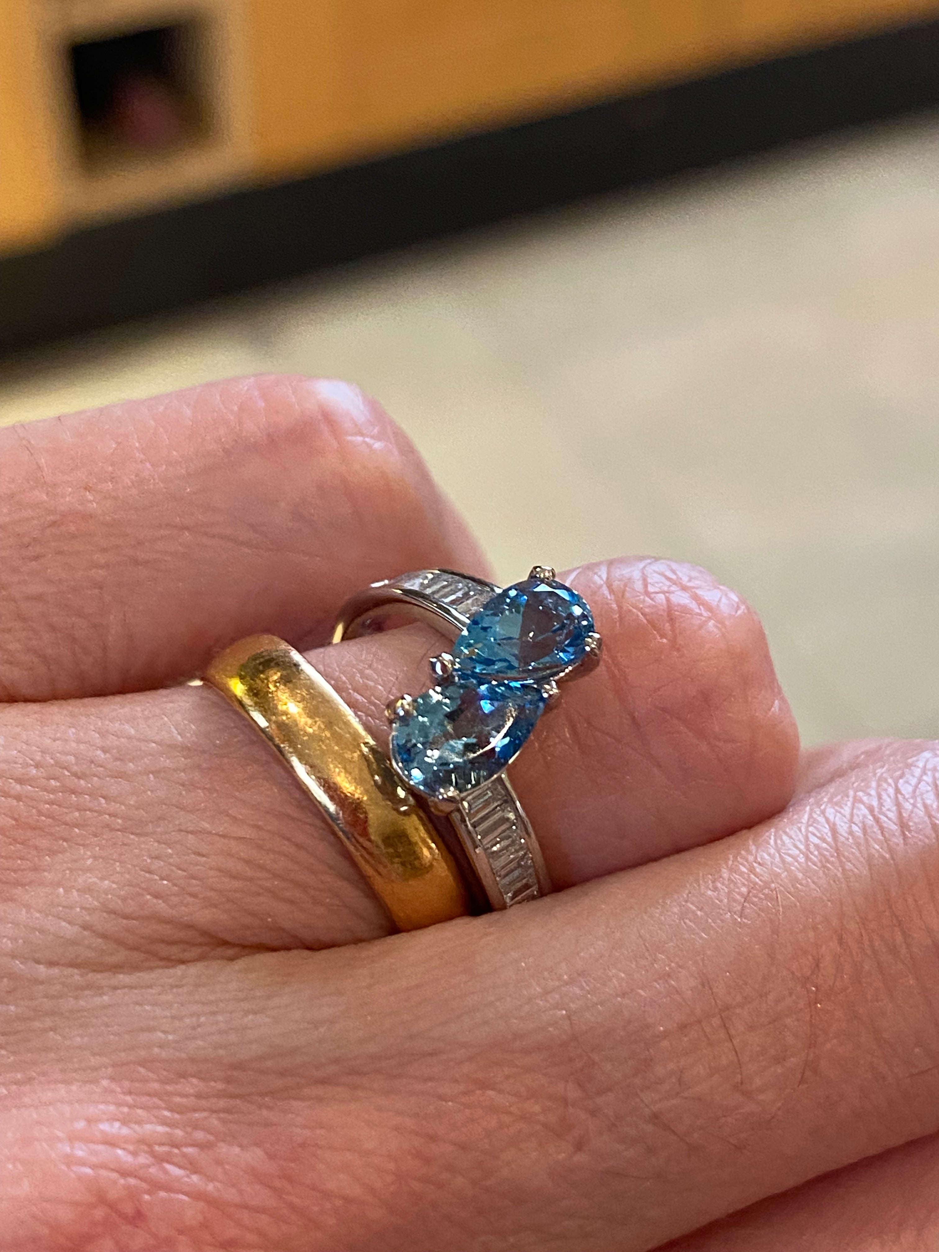 2.01 CTW Pear Cut Aquamarine and Natural Diamond Toi et Moi Ring in Platinum