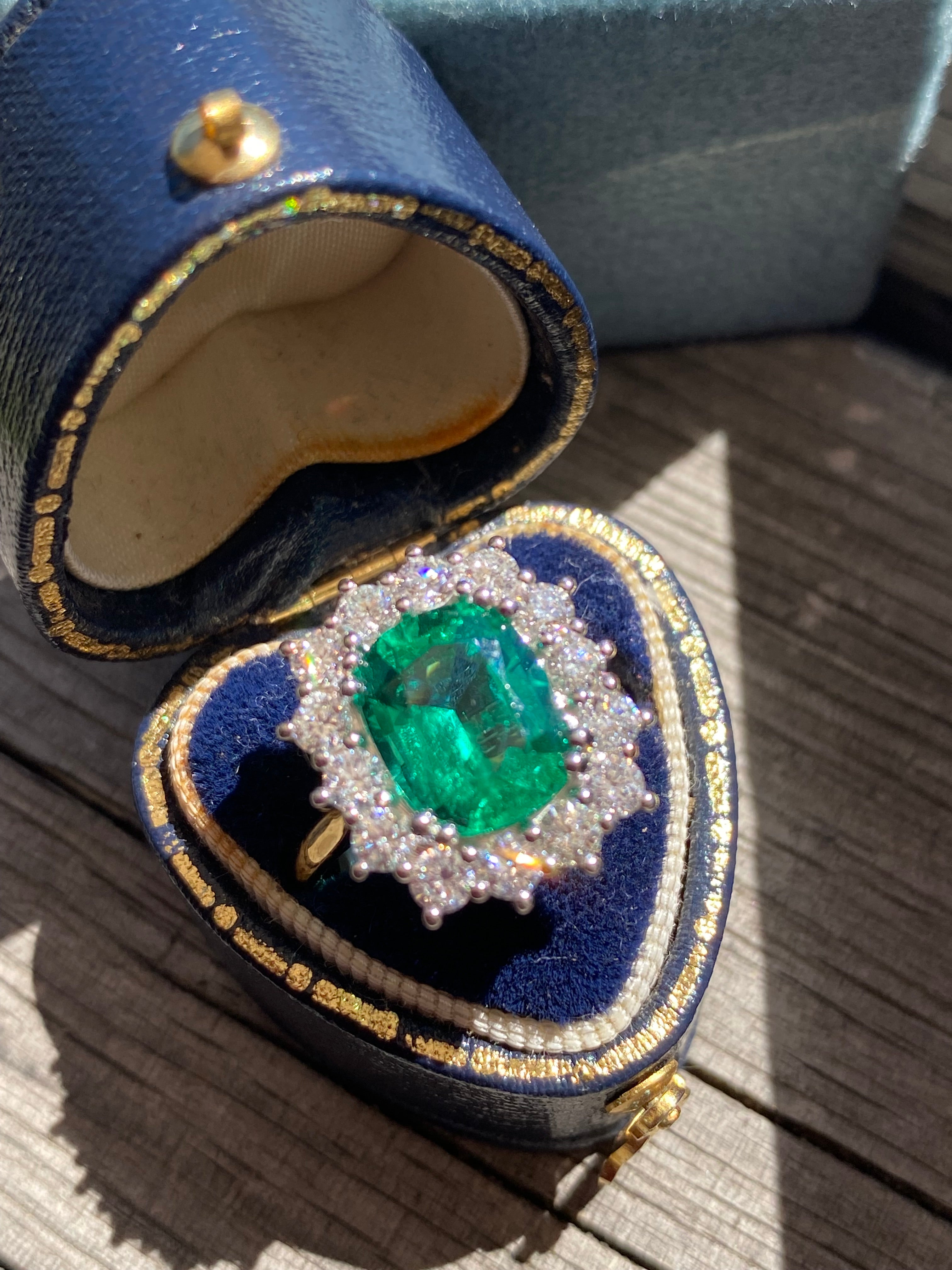 2.58 Carat Cushion Cut GIA Zambian Emerald and 1.07 CTW Natural Diamond Halo Ring in Platinum and 18ct Yellow Gold