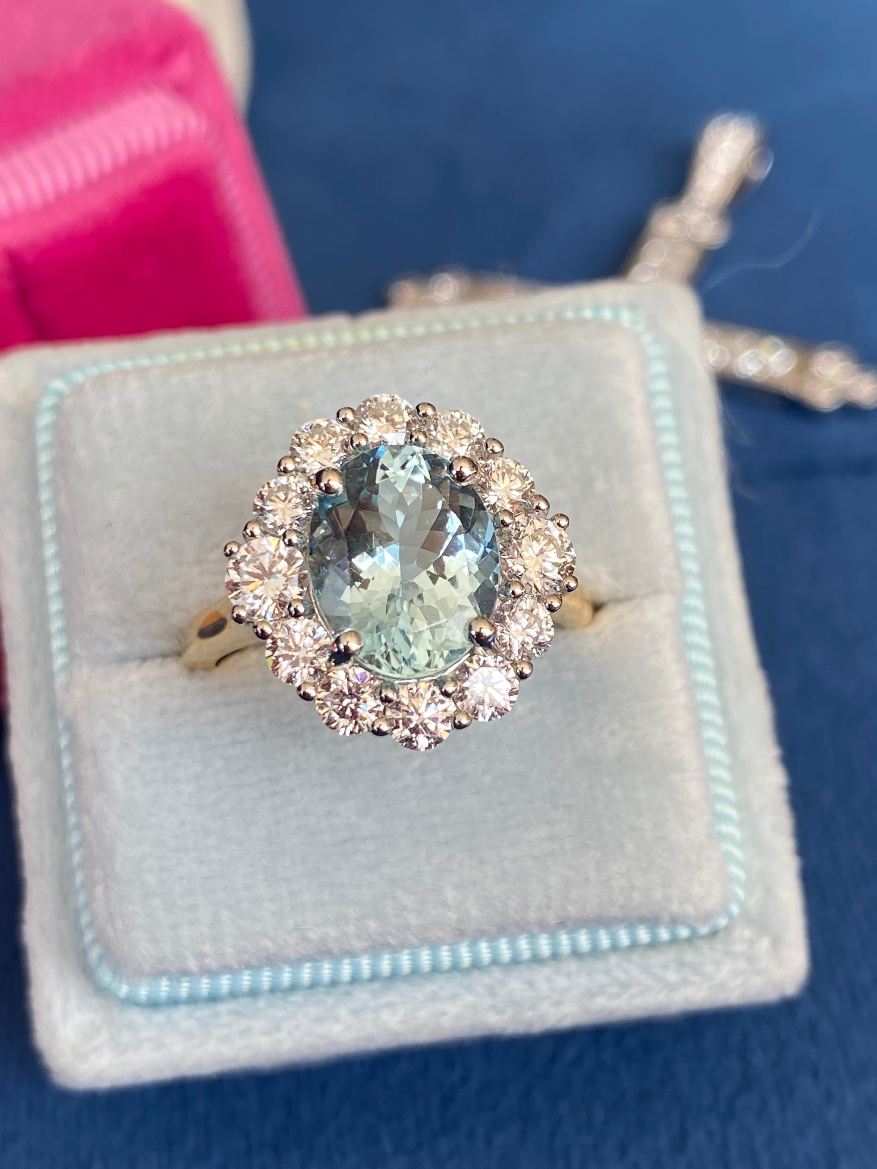 3.53 CTW Aquamarine and Natural Diamond Halo Ring in Platinum and 18ct Yellow Gold