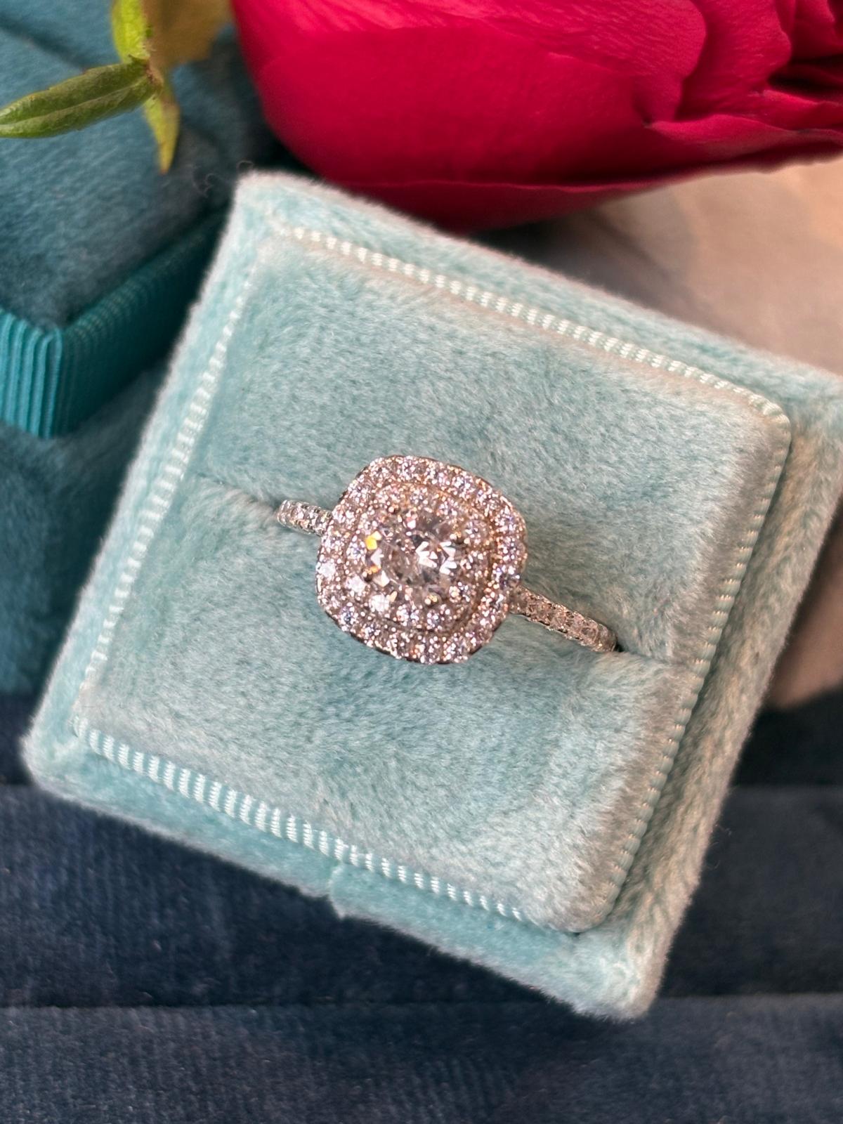 Round Cut Moissanite Double Halo Engagement and Wedding / Eternity Ring Set in Sterling Silver