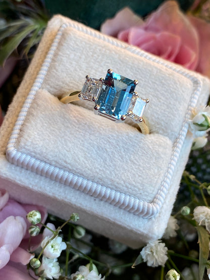 1.88 CTW Aquamarine and Natural Diamond Three-Stone Ring in Platinum and 18ct Yellow Gold