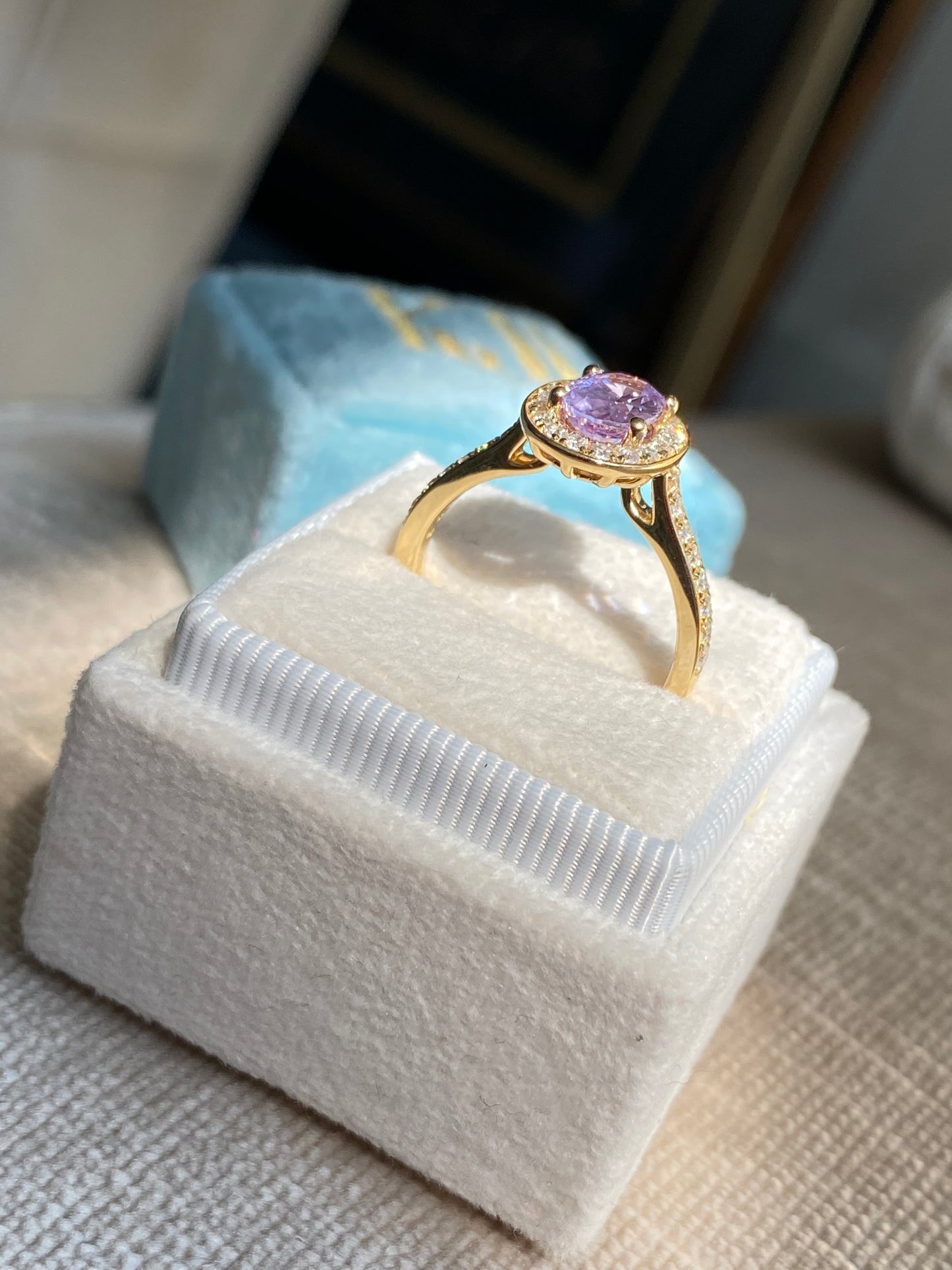 1.37 Carat Lilac Sapphire and Natural Diamond Engagement Ring in 18ct Yellow Gold