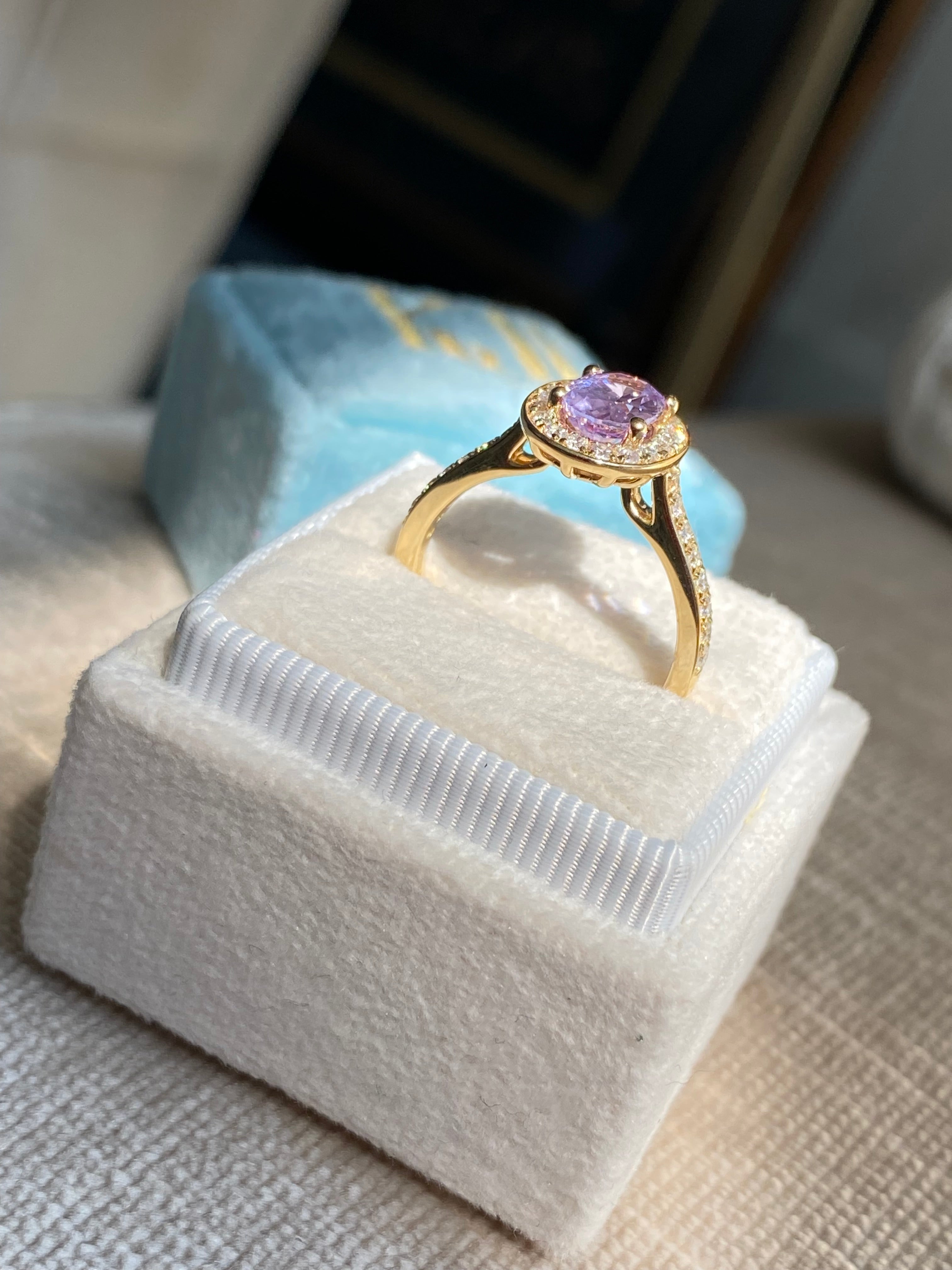 1.37 Carat Lilac Sapphire and Natural Diamond Engagement Ring in 18ct Yellow Gold
