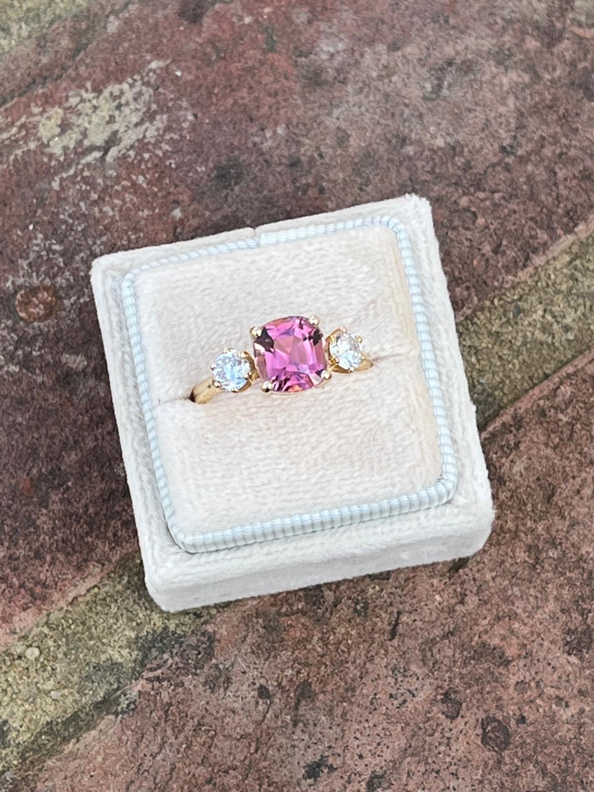 3.12ctw Pink Tourmaline and Natural Diamond Three Stone Ring in 18ct Yellow Gold