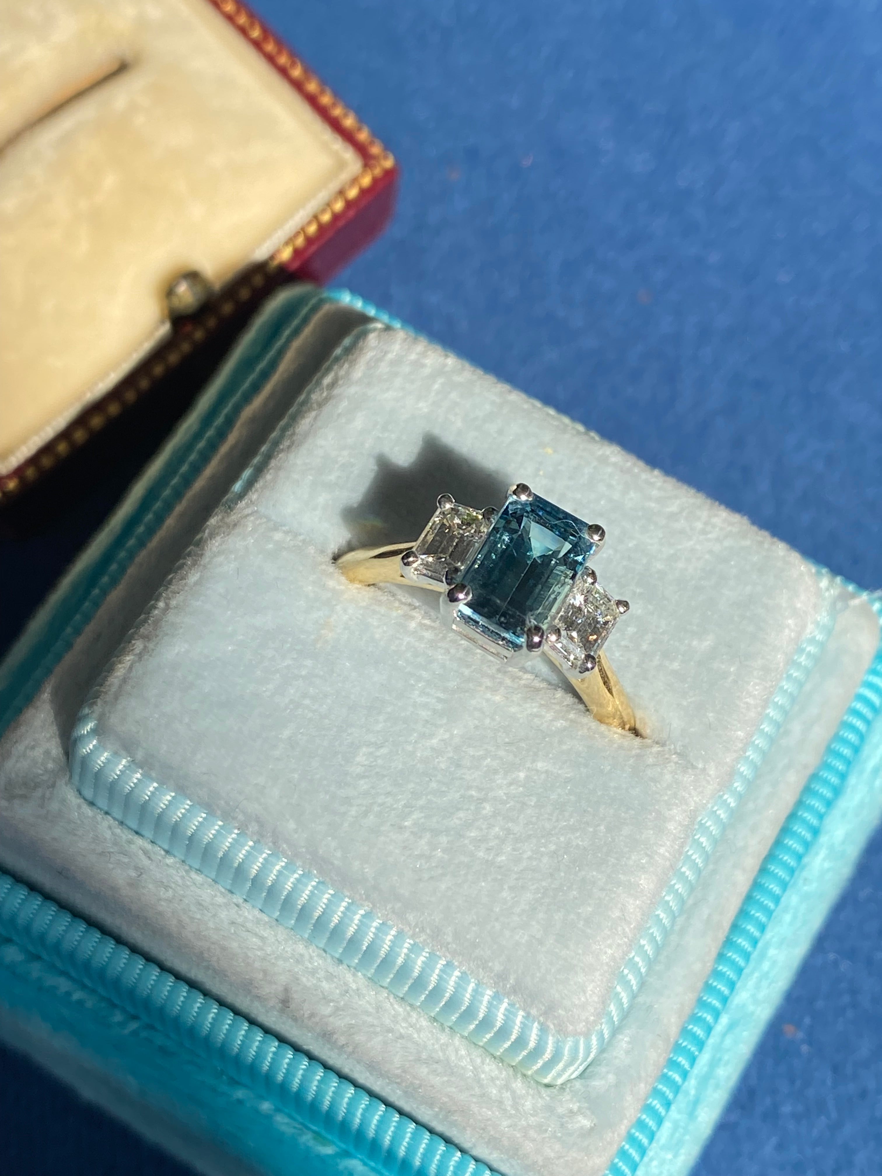 1.73 CTW Aquamarine and Natural Diamond Three Stone Ring in Platinum and 18ct Yellow Gold