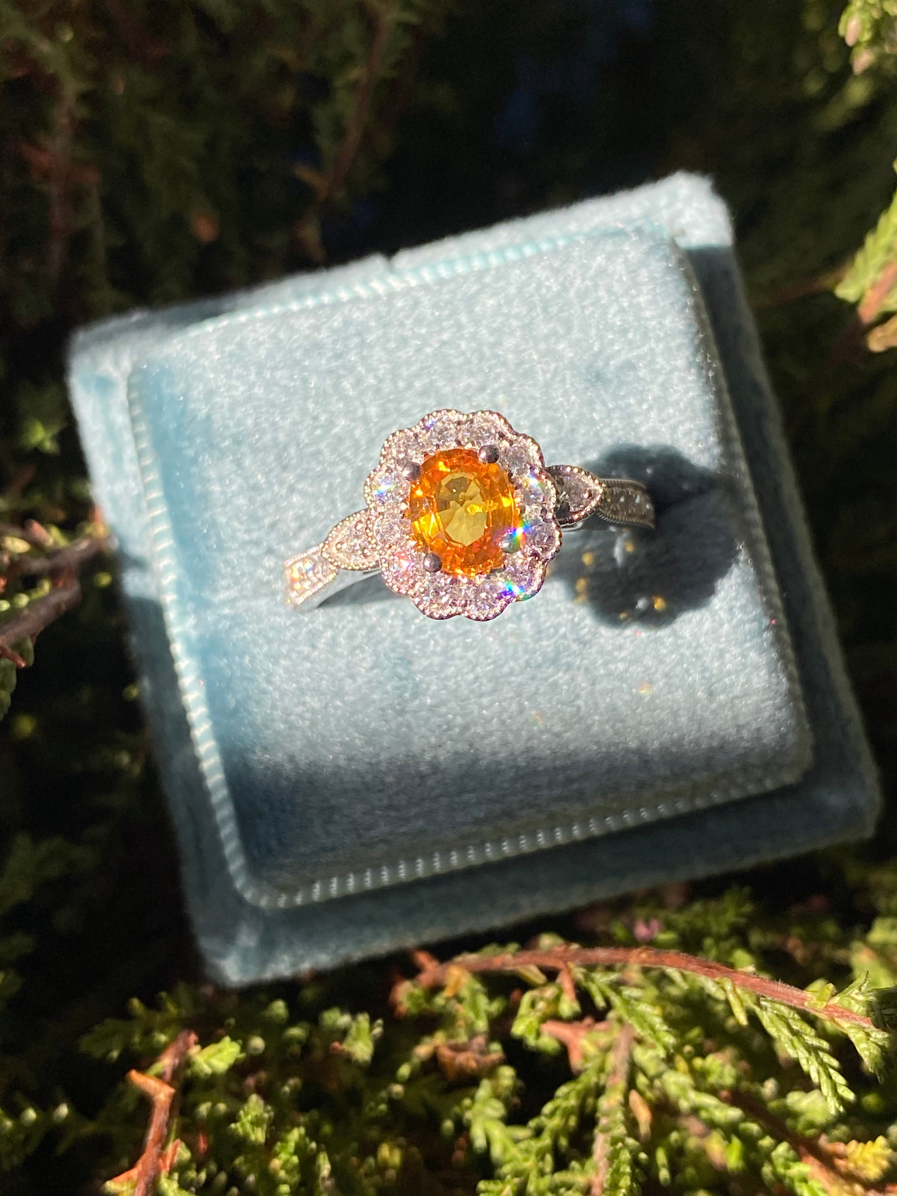 1.20ctw Orangey Yellow Sapphire and Natural Diamond Halo Ring in Platinum