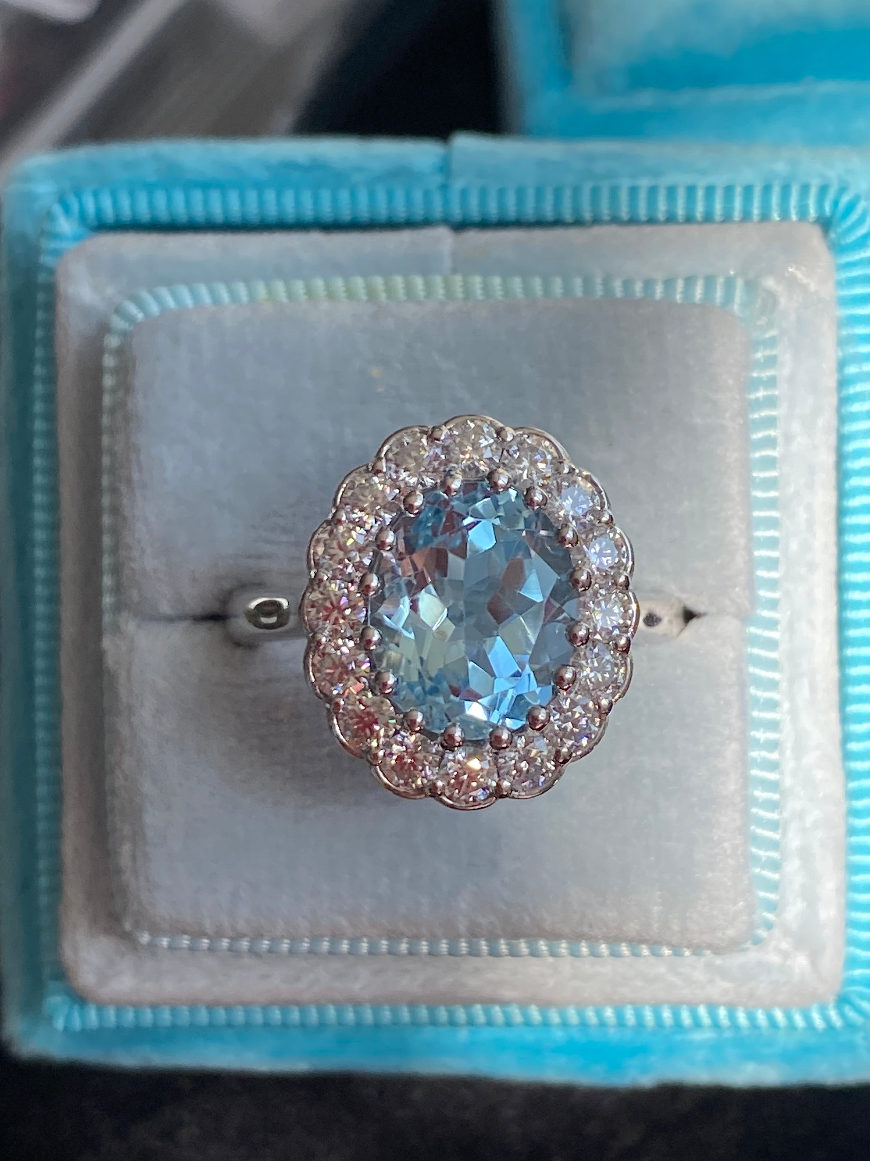 5.50 CTW Oval Cut Blue Topaz and Moissanite Halo Cocktail Ring