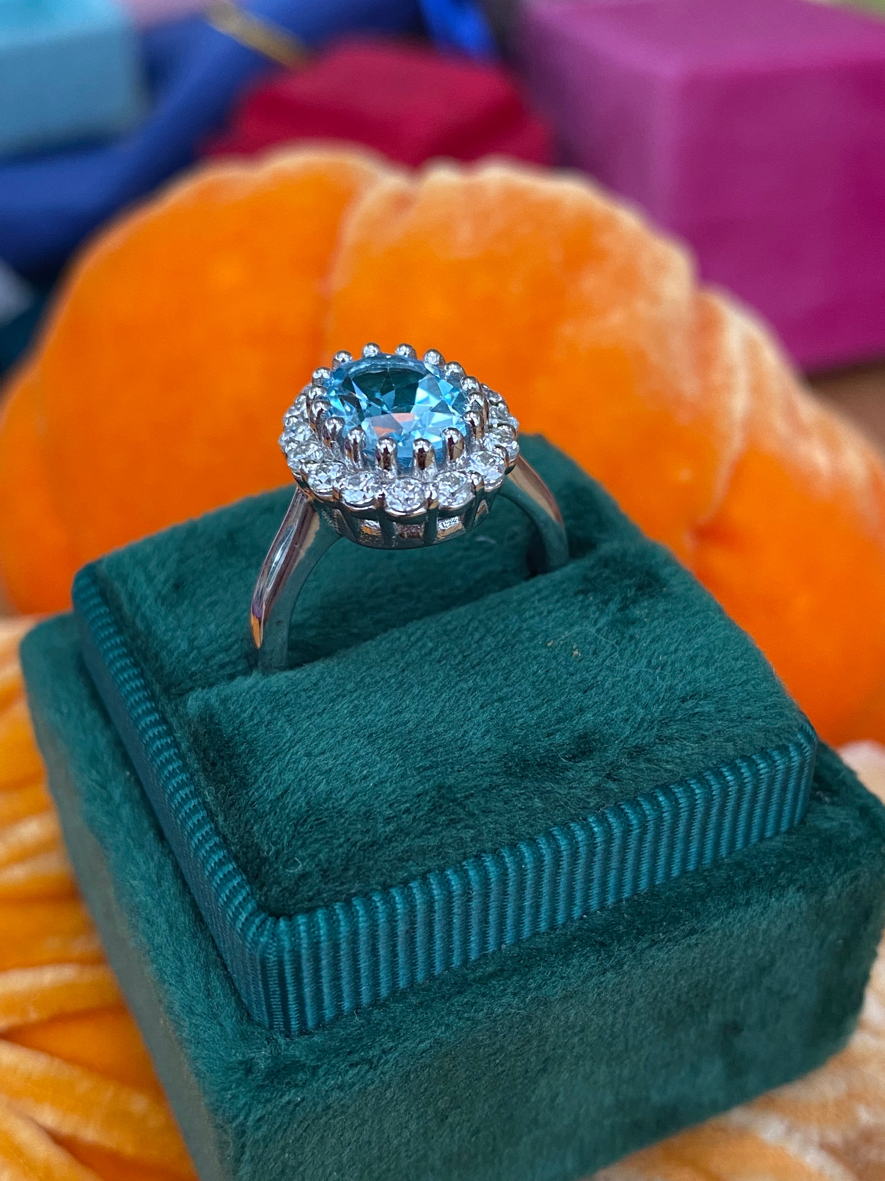 2.33 CTW Oval Cut Blue Topaz and Moissanite Halo Cluster Ring in Sterling Silver