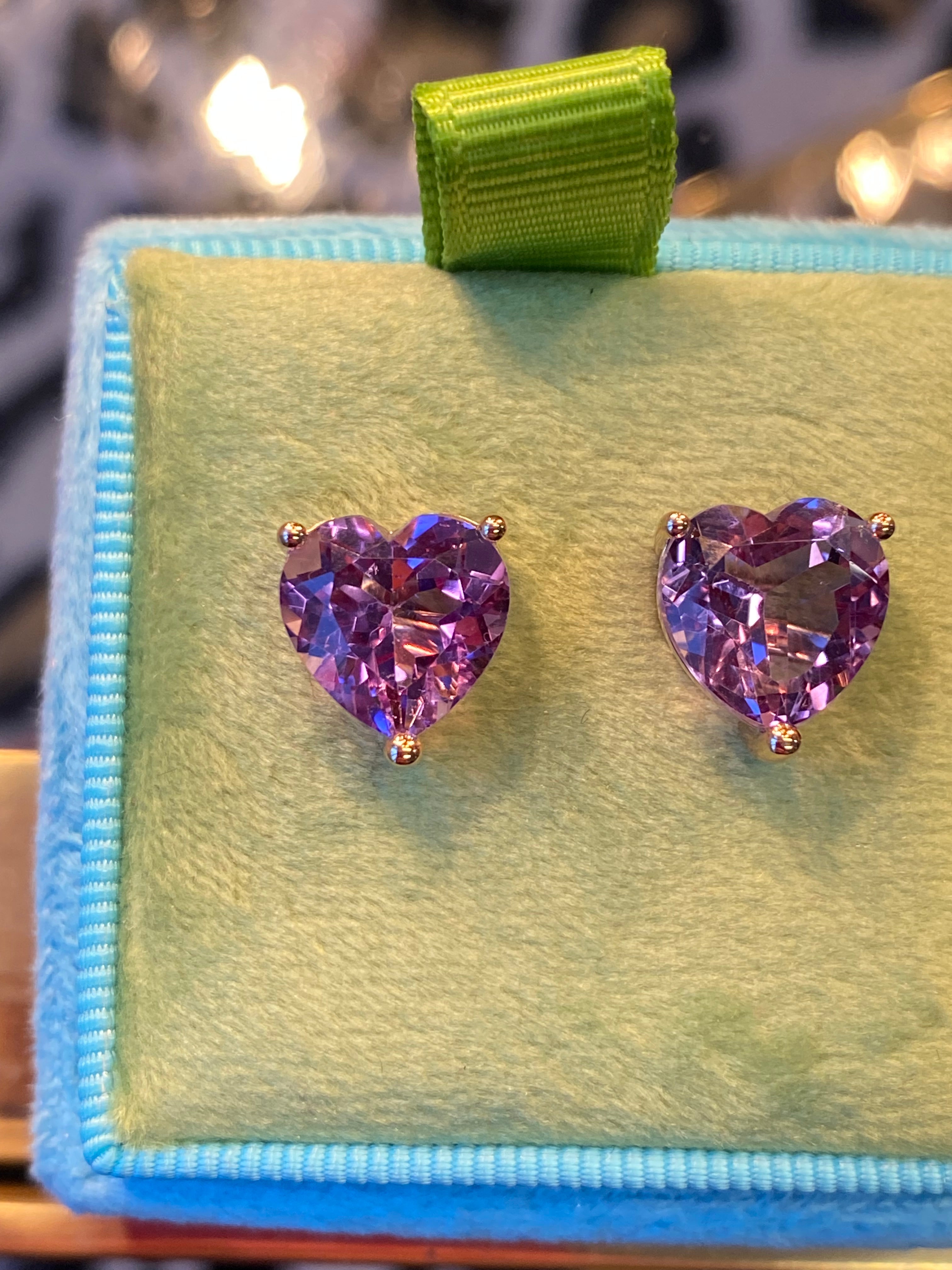 Heart Shaped Amethyst Stud Earrings in 9ct Yellow Gold