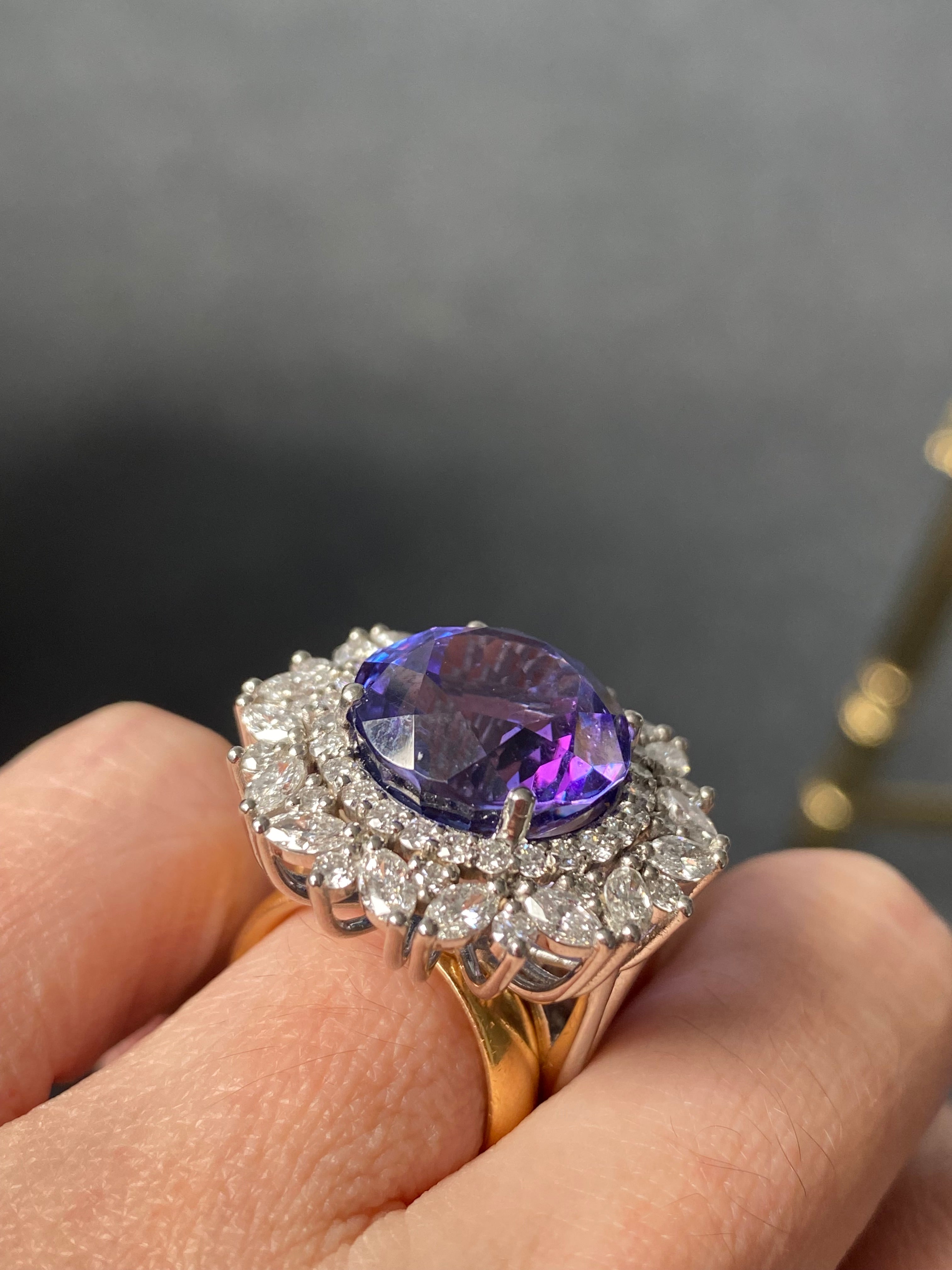 15.96 Carat Round Cut Tanzanite and 2.88ctw Natural Diamond Cocktail Ring in Platinum