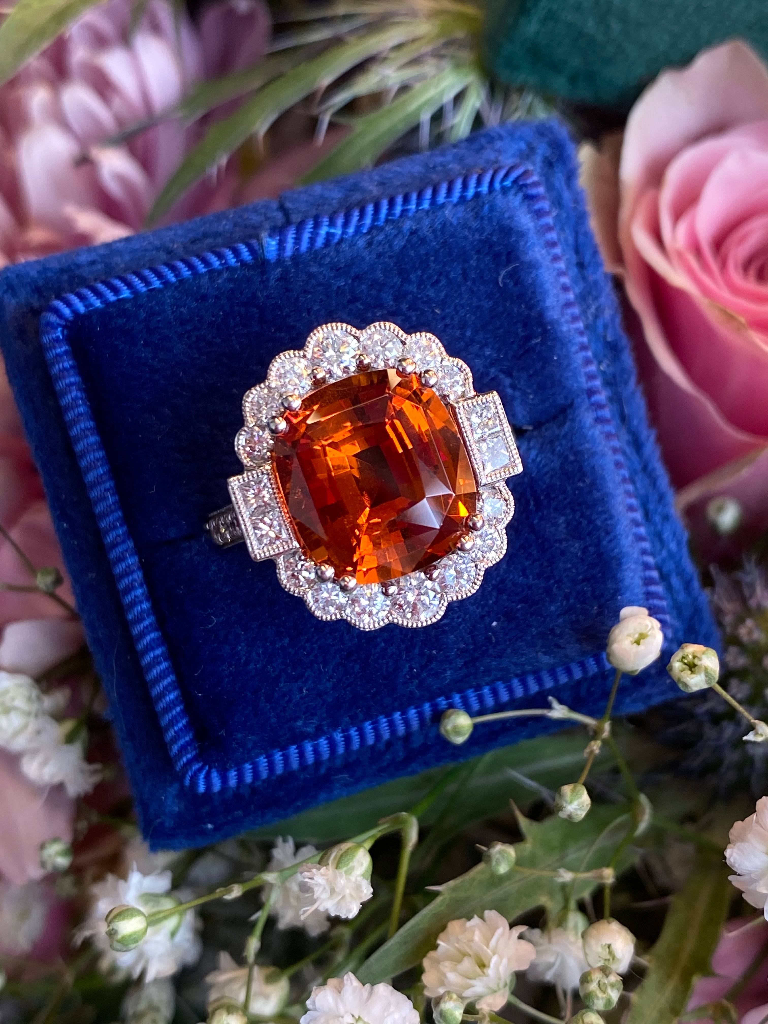5.95 Carat Hessonite Garnet and 1.03ctw Natural Diamond Ring in Platinum