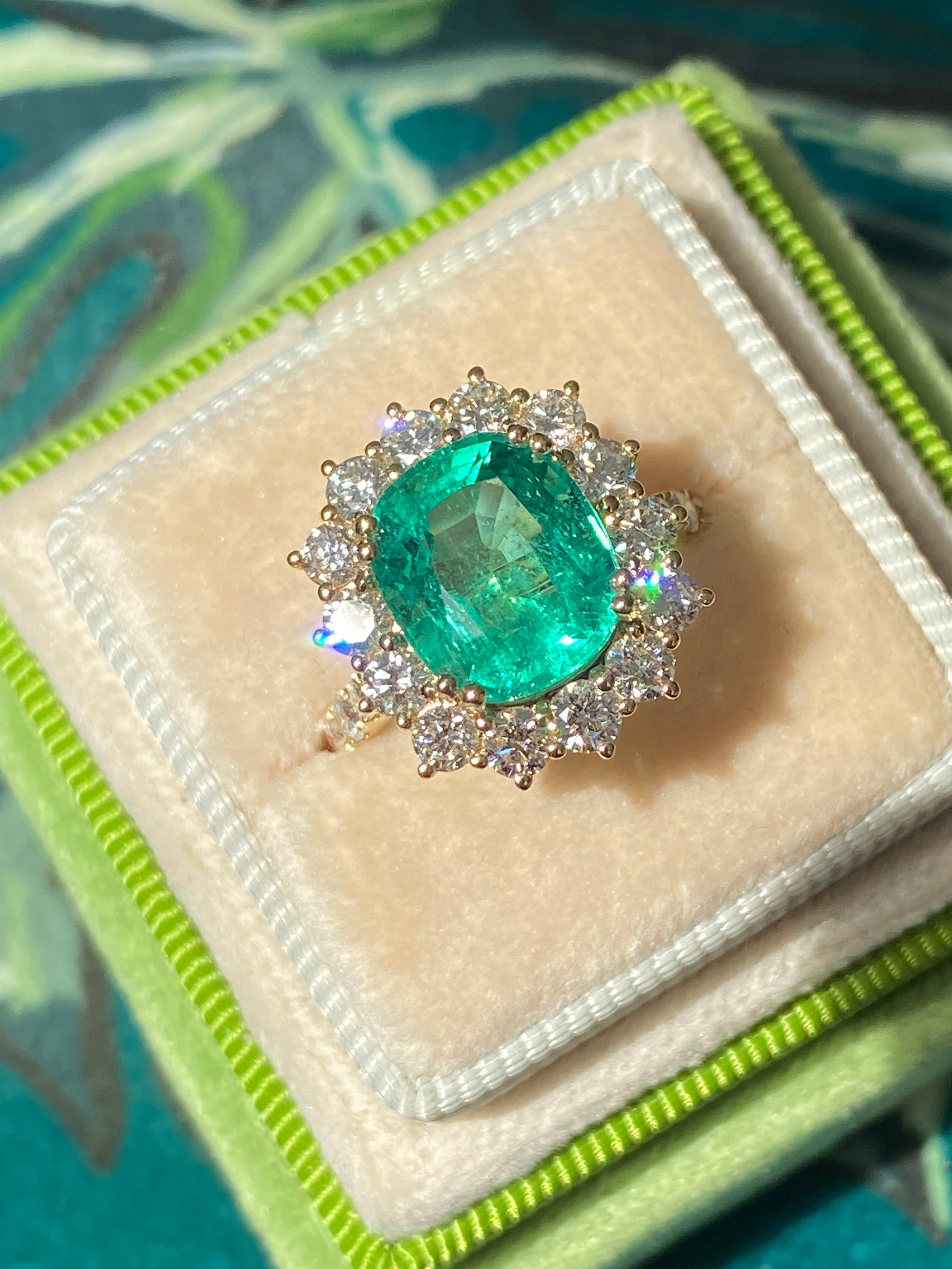 5.31 CTW Cushion Cut Emerald and Natural Diamond Halo Ring in 18ct Yellow Gold