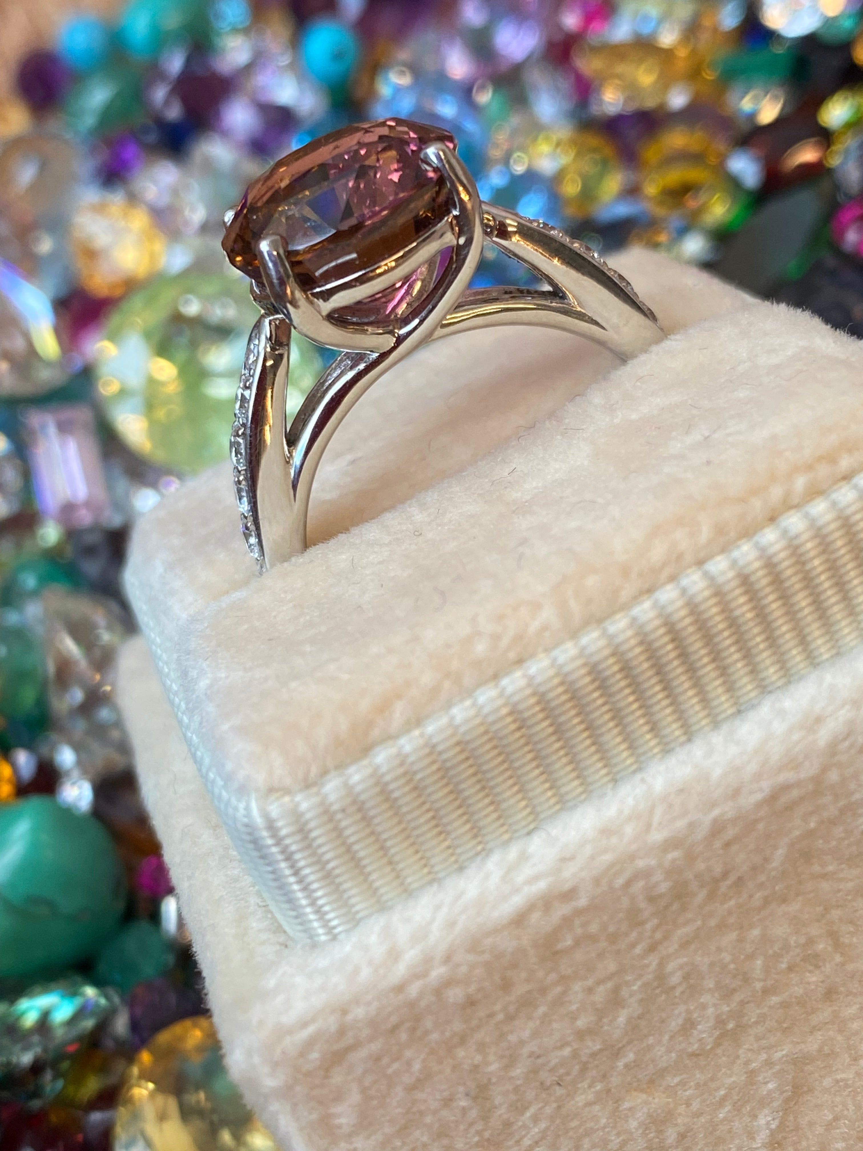 5.09 Carat Round Cut Pink Tourmaline and Natural Diamond Engagement Ring in Platinum