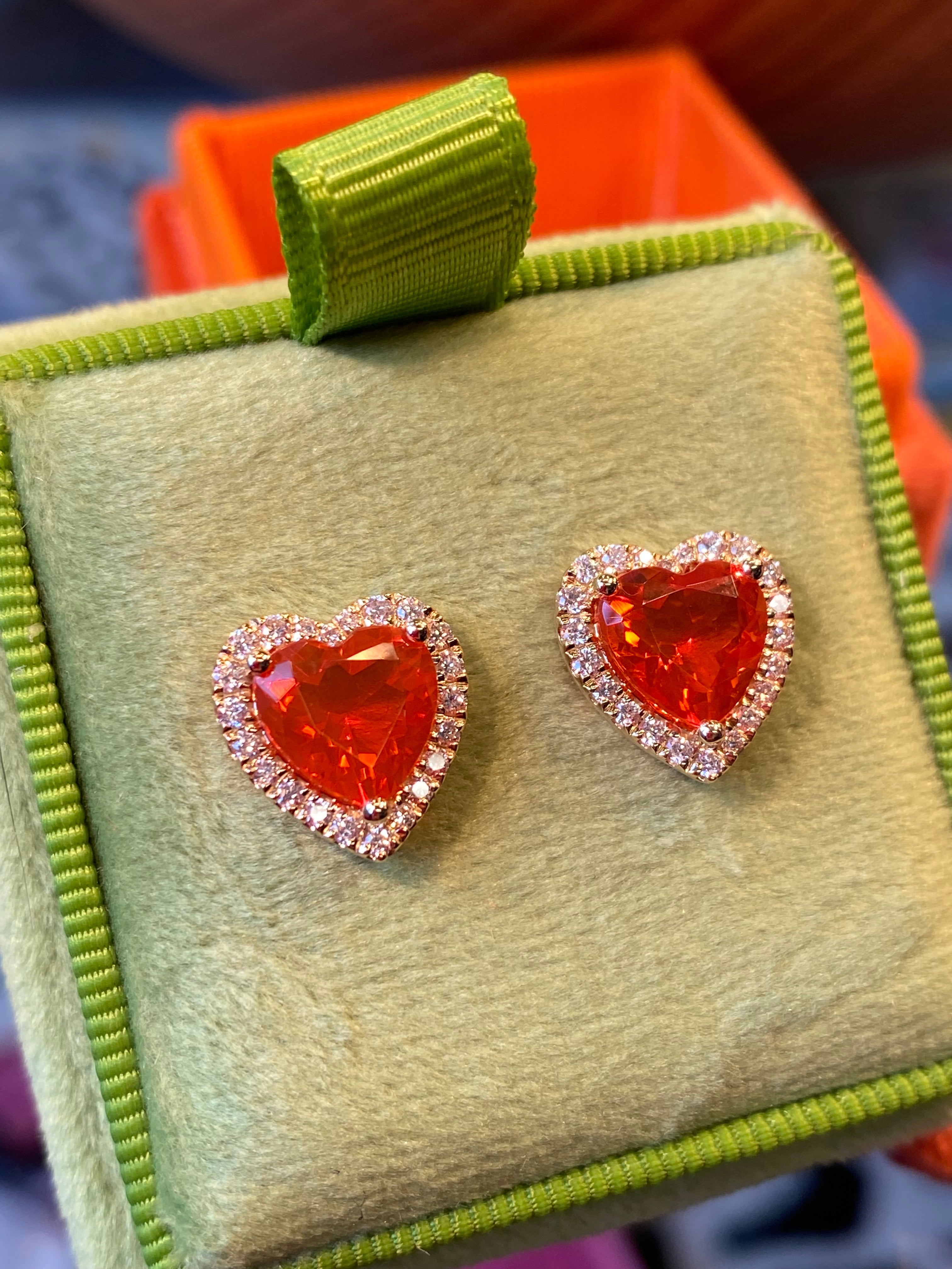 Heart Shaped Fire Opal and Natural Diamond Stud Earrings in 9ct Yellow Gold