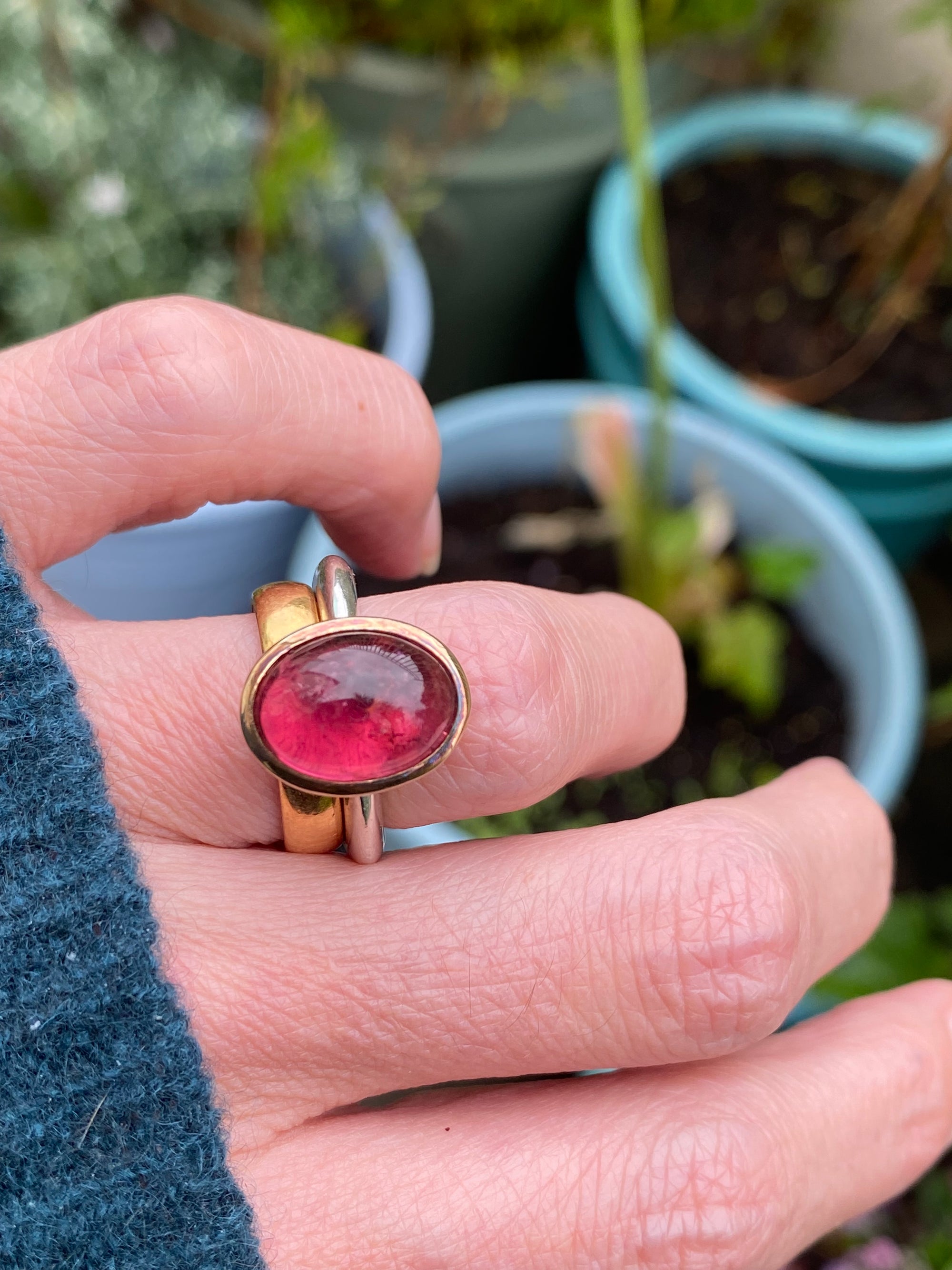 Cabochon Cut Pink Tourmaline Ring in Sterling Silver and 18ct Yellow Gold