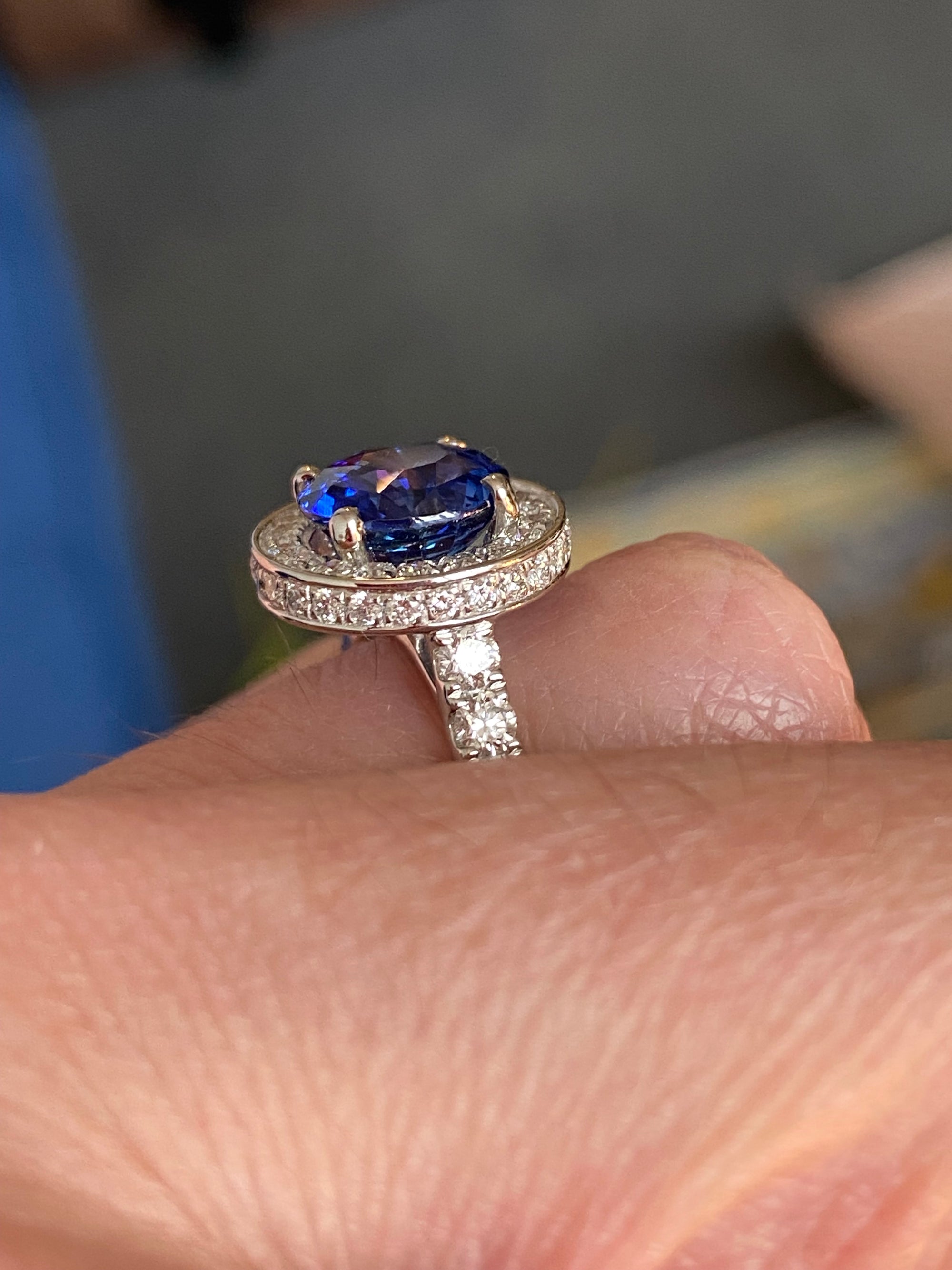 3.65 CTW Blue Ceylon Sapphire and Natural Diamond Double Halo Ring in Platinum