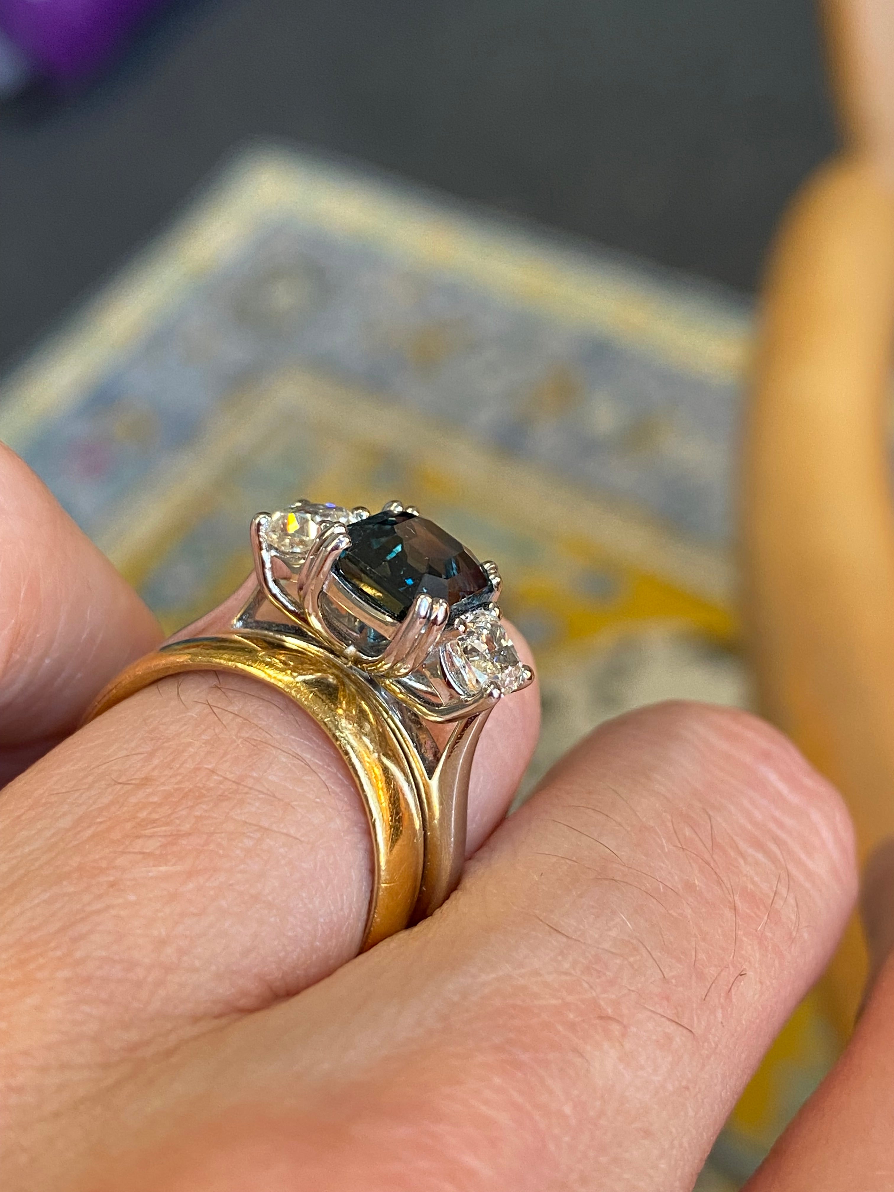 2.42 Carat Teal Sapphire and 0.97 CTW Natural Diamond Three Stone Ring in Platinum