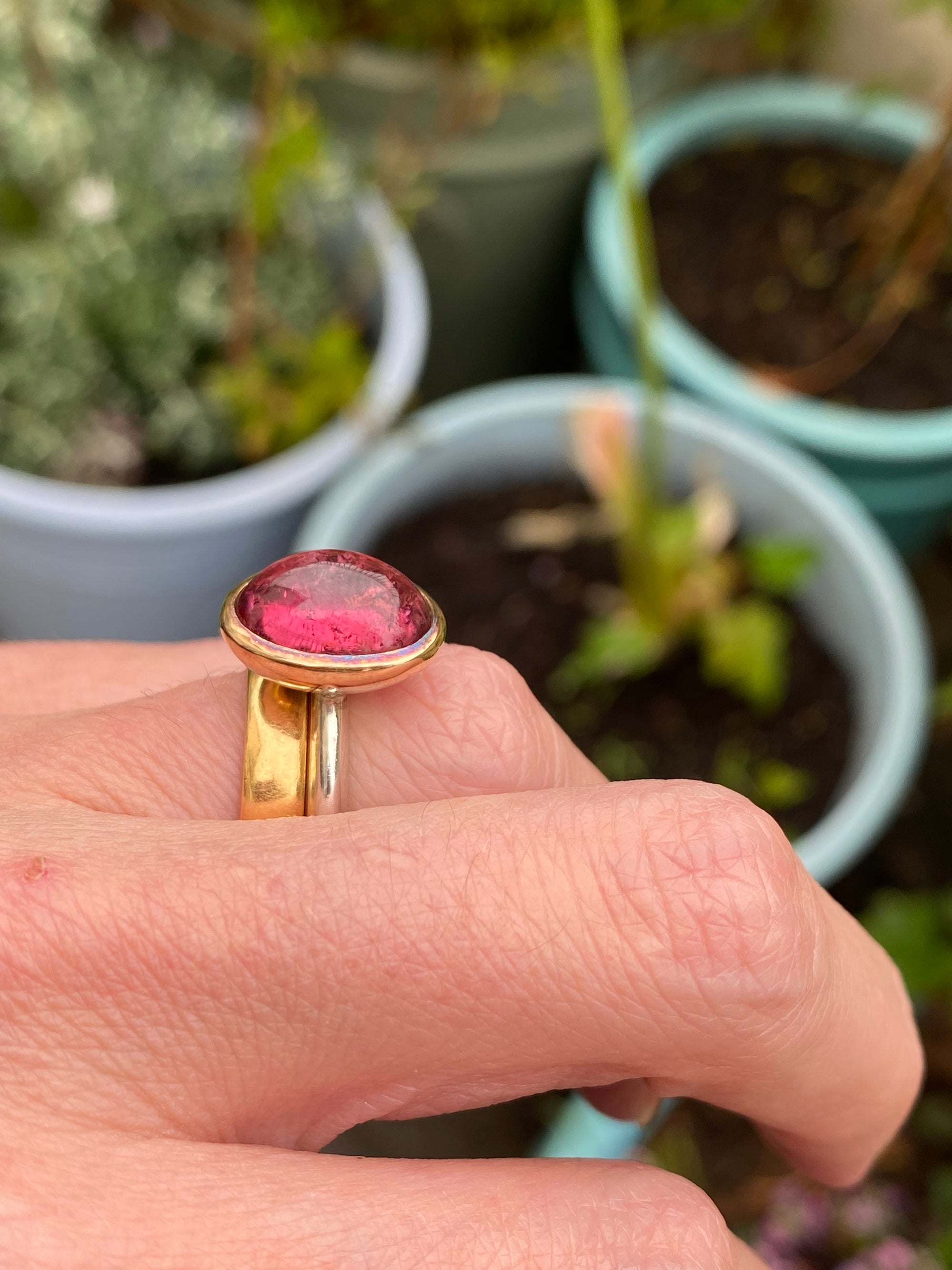 Cabochon Cut Pink Tourmaline Ring in Sterling Silver and 18ct Yellow Gold