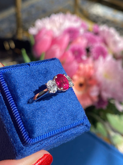 1.34 Carat Ruby and 0.66 Natural Diamond Three Stone Ring in Platinum