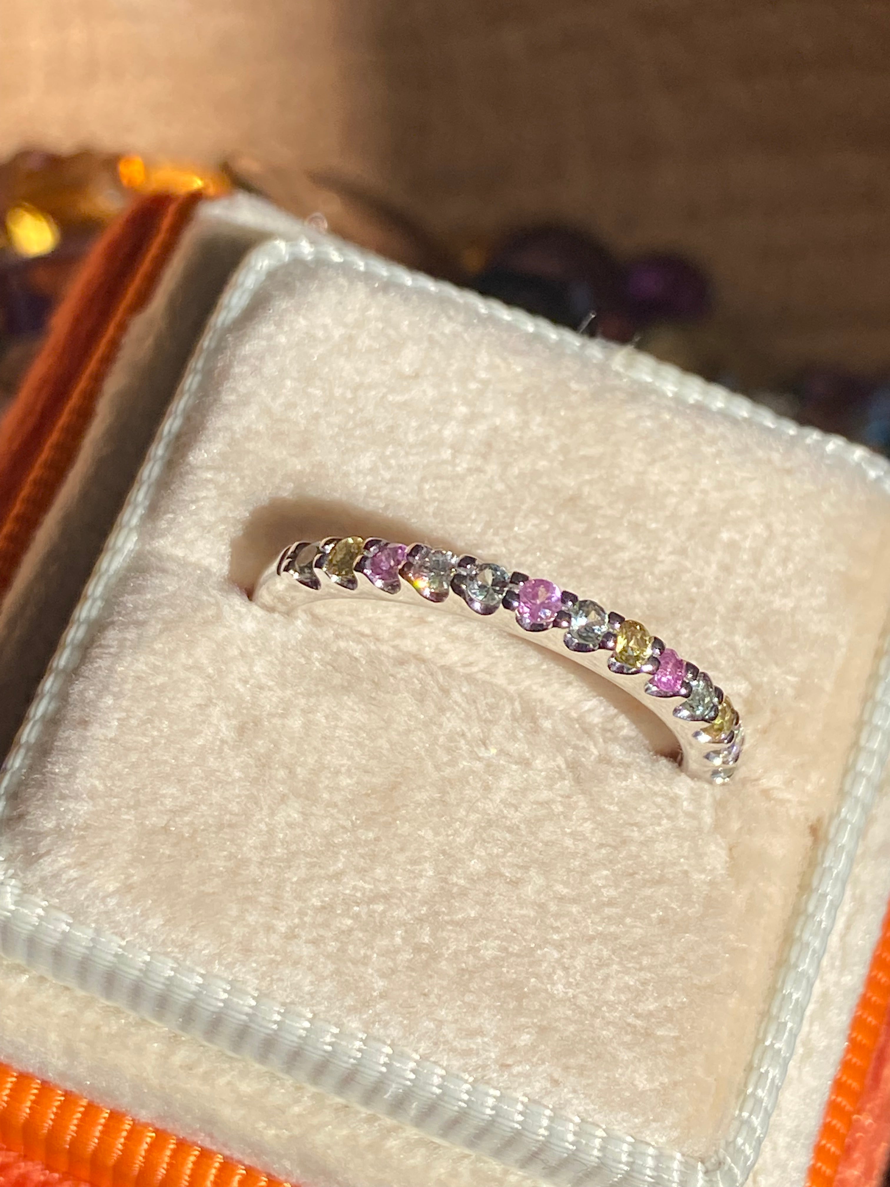 0.37 CTW Sweetshop Yellow, Pink, and Green Sapphire, and Natural Diamond Eternity Ring in 18ct White Gold