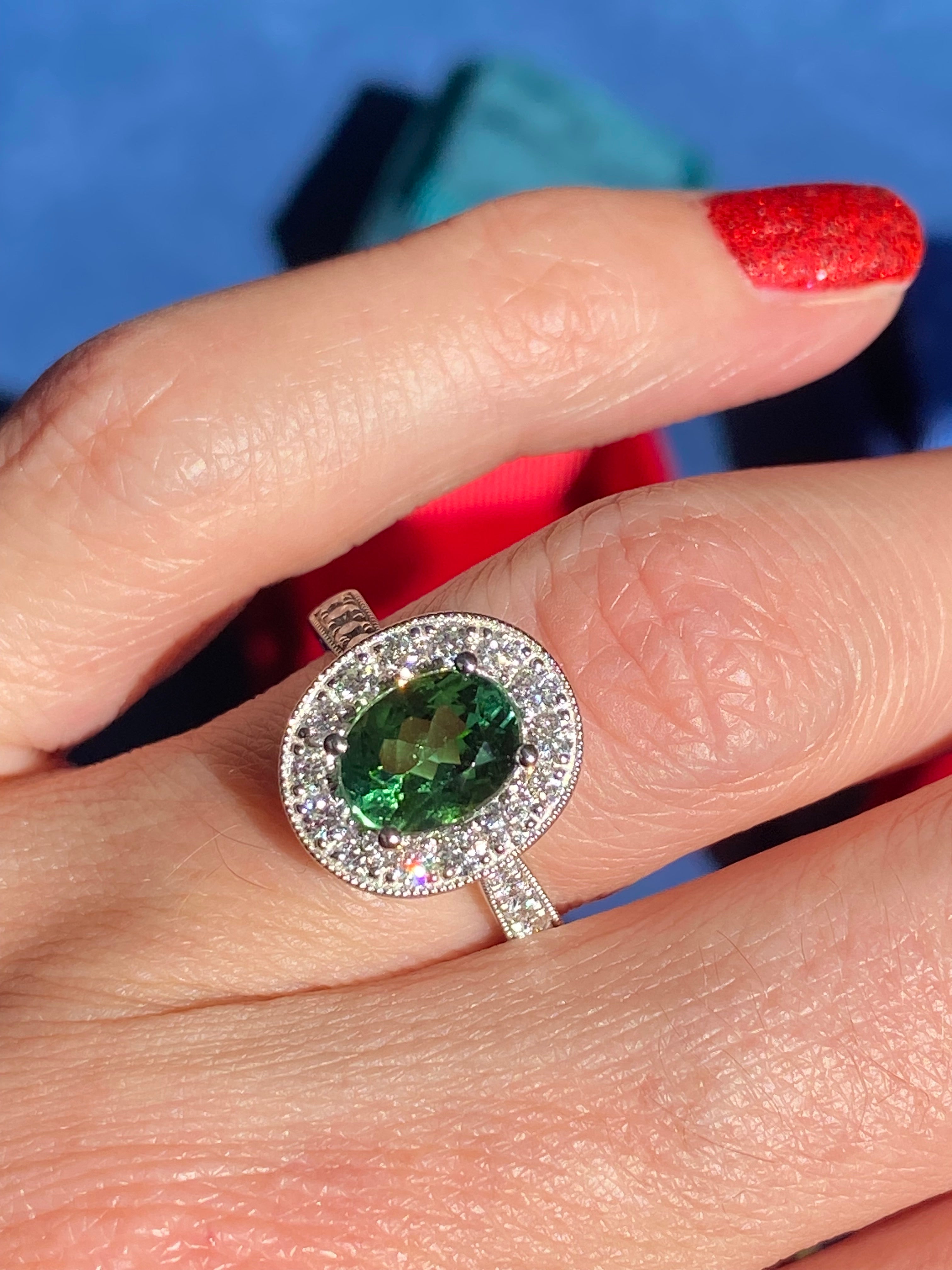 1.66 Carat Oval Cut Mint Tourmaline and 0.66 CTW Natural Diamond Ring in Platinum