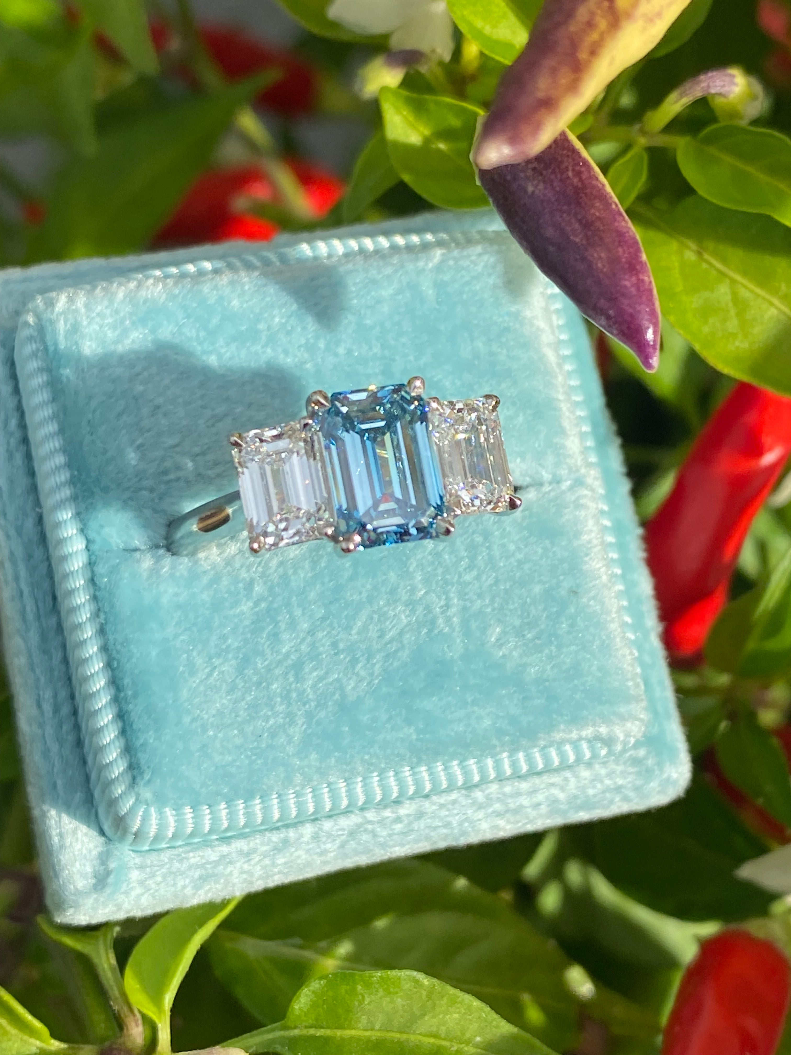 3.15 CTW Fancy Blue Lab Grown Diamond Graduated Three Stone Ring in Platinum