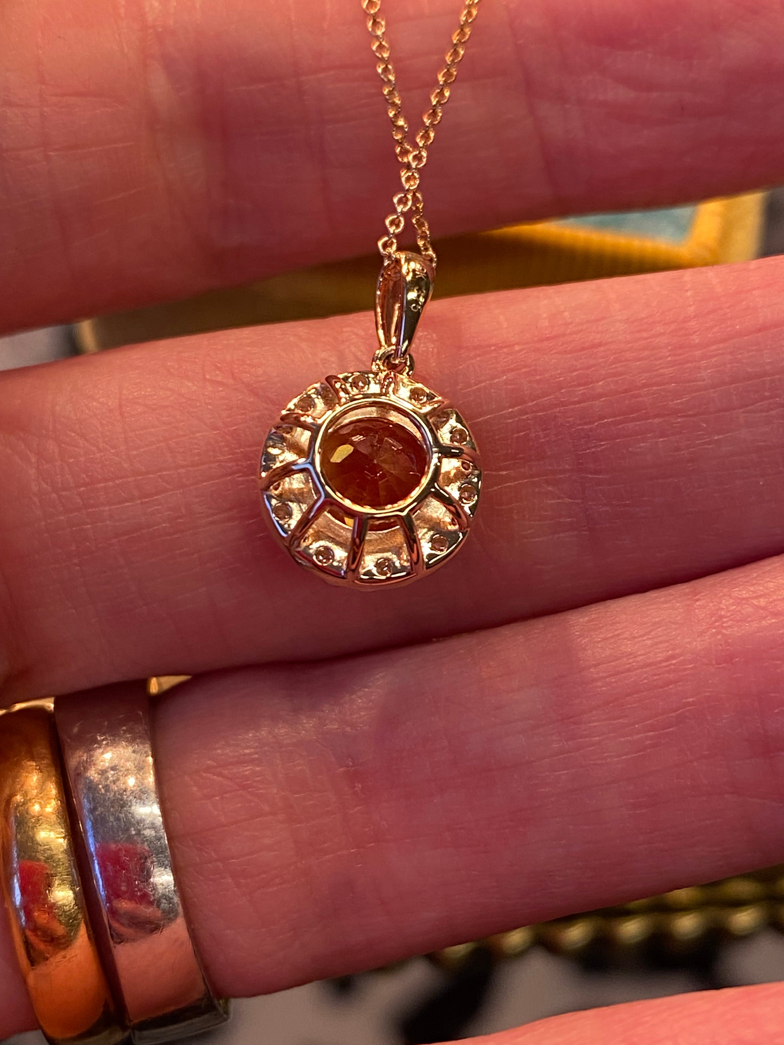 Round Cut Citrine and Natural Diamond Pendant Necklace in 9ct Yellow Gold