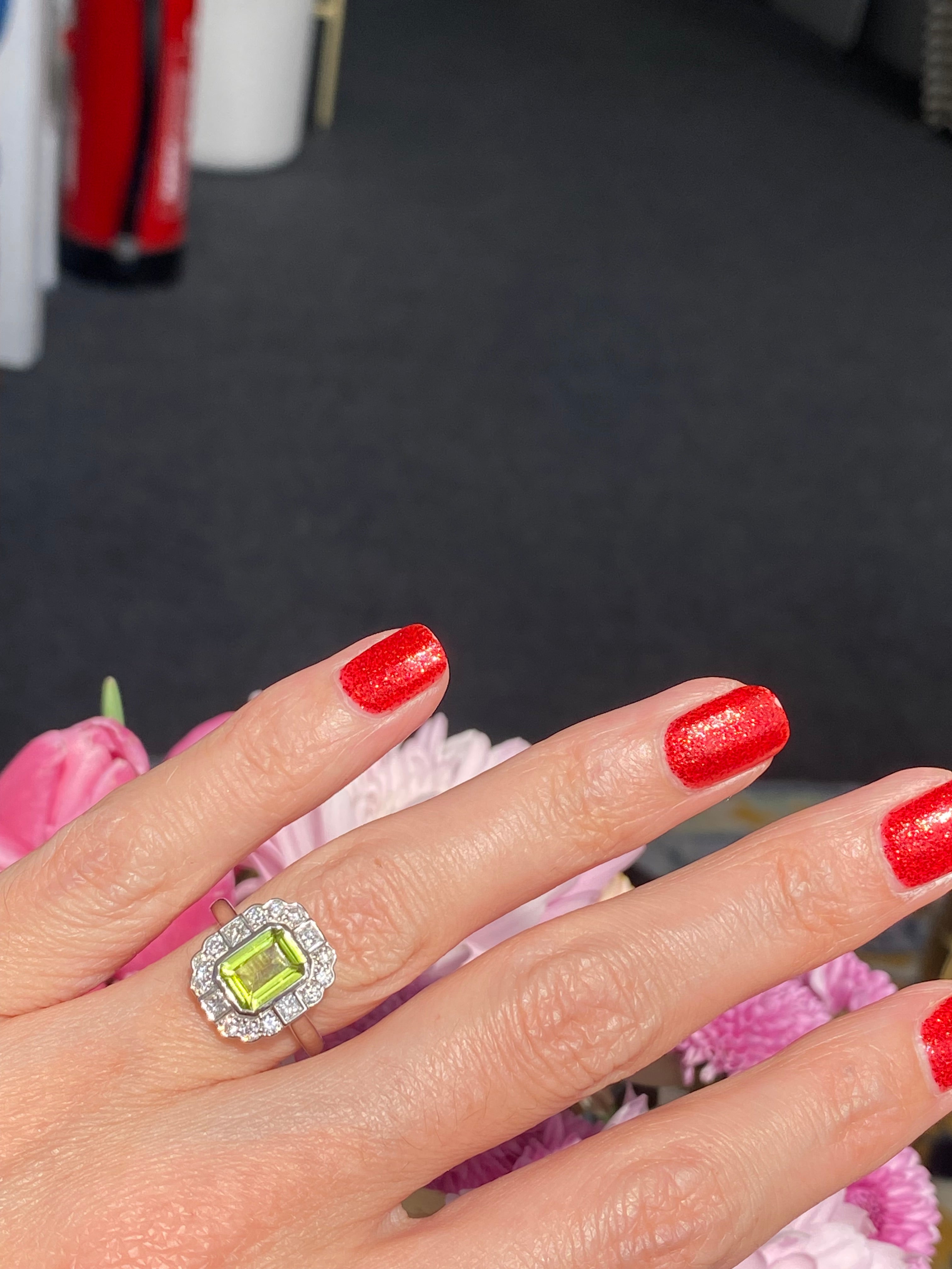 1.32 Carat Peridot and Natural Diamond Ring in Platinum