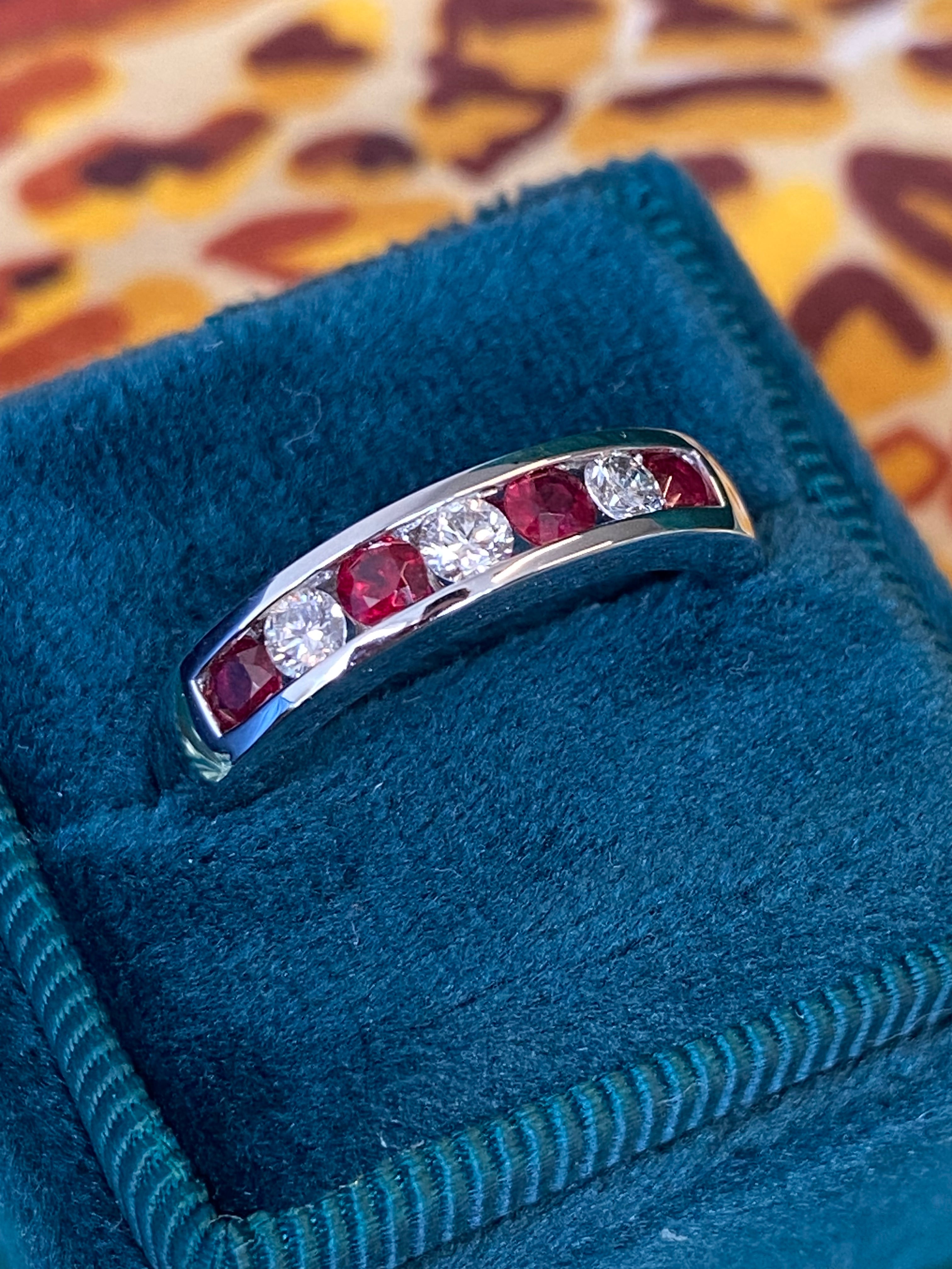 Ruby and Natural Diamond Seven Stone Channel Set Eternity Ring in Platinum
