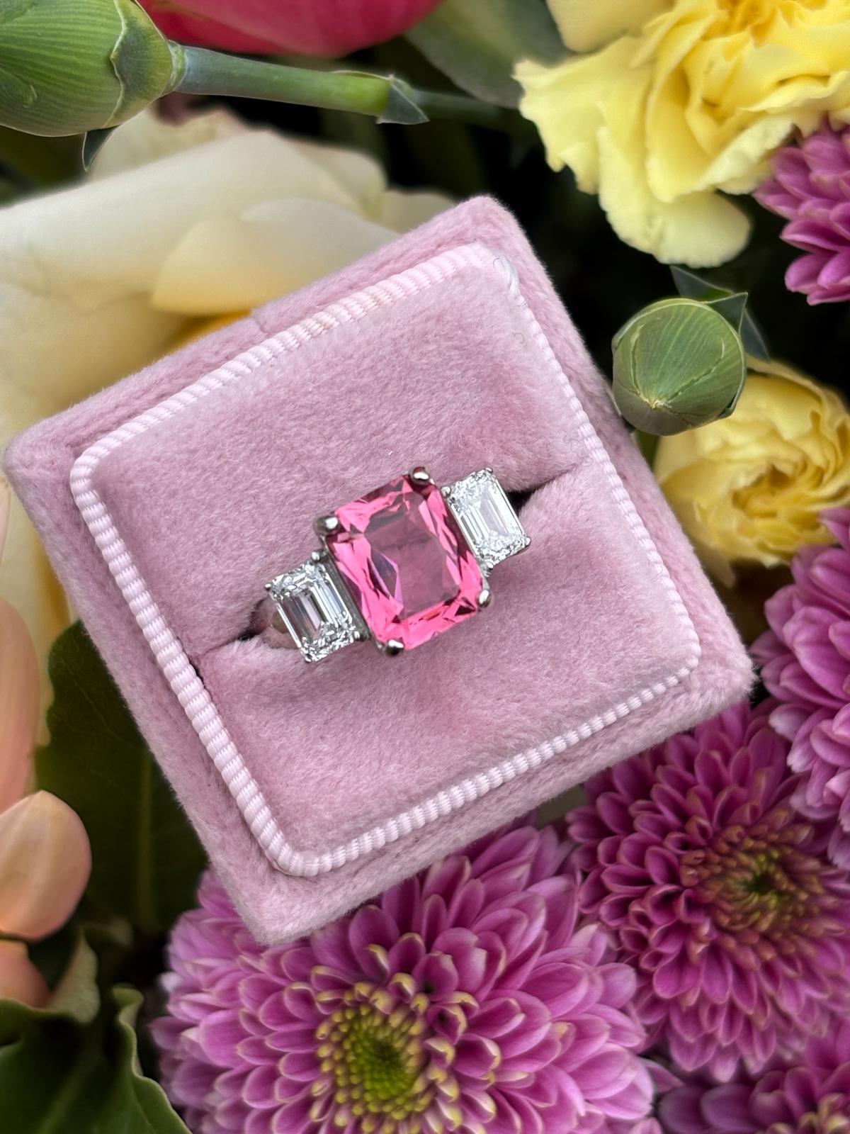 3.45 Carat Pink Tourmaline and 1.34 CTW Lab Diamond Ring in Platinum