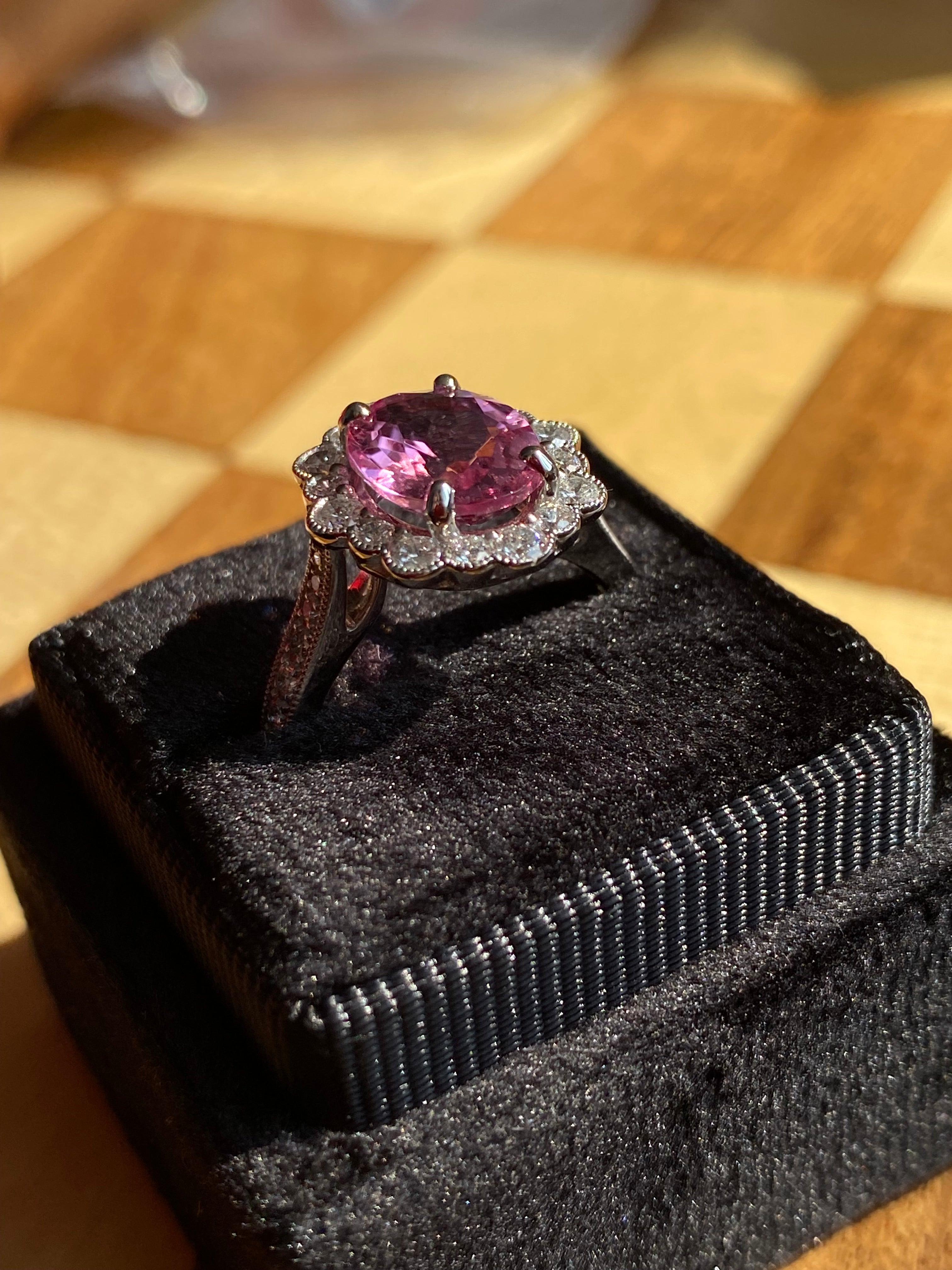 3.01 CTW Pink Tourmaline and Natural Diamond Halo Ring in Platinum
