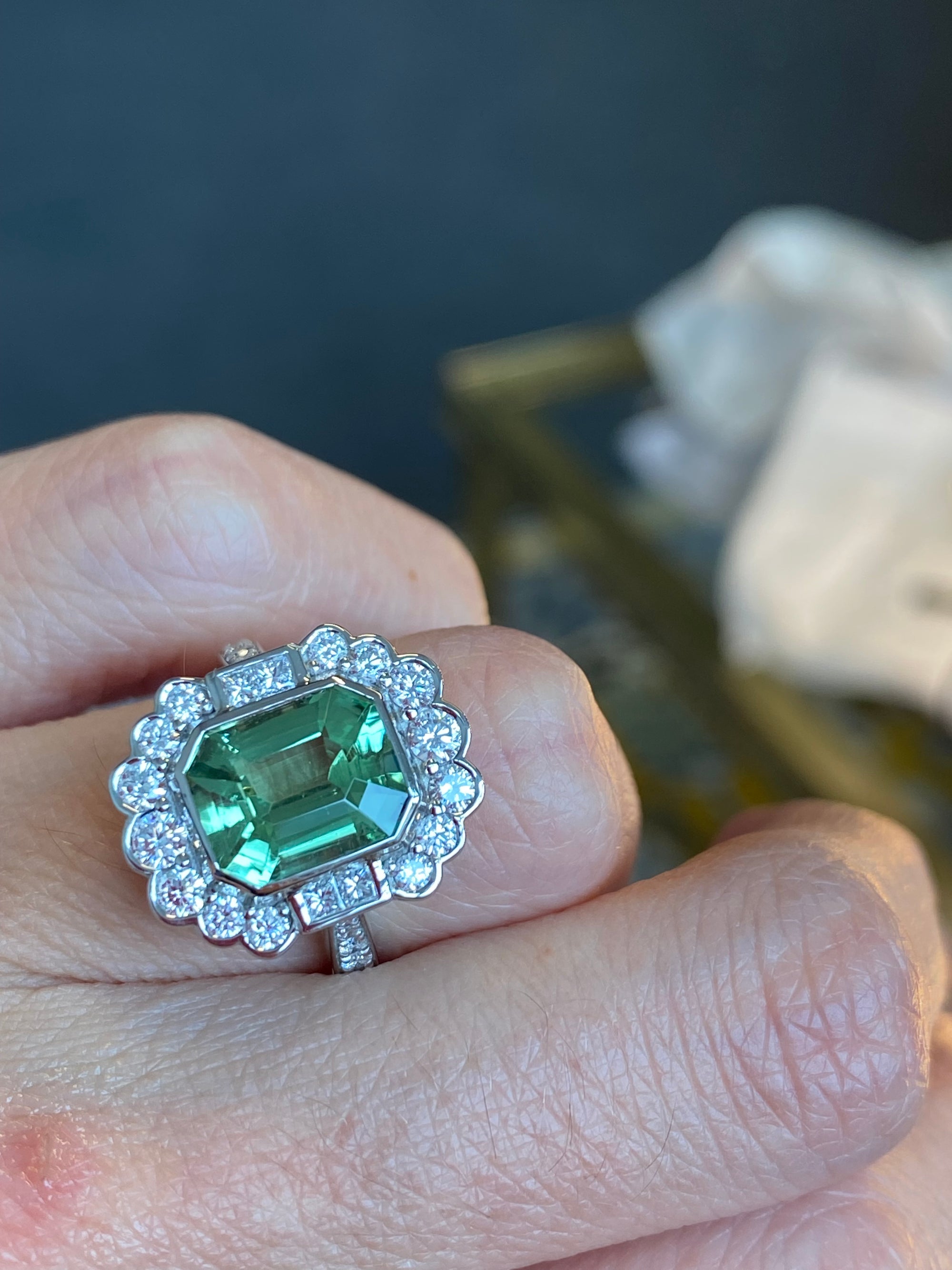 4.01 CTW Emerald Cut Mint Tourmaline and Natural Diamond Ring in Platinum
