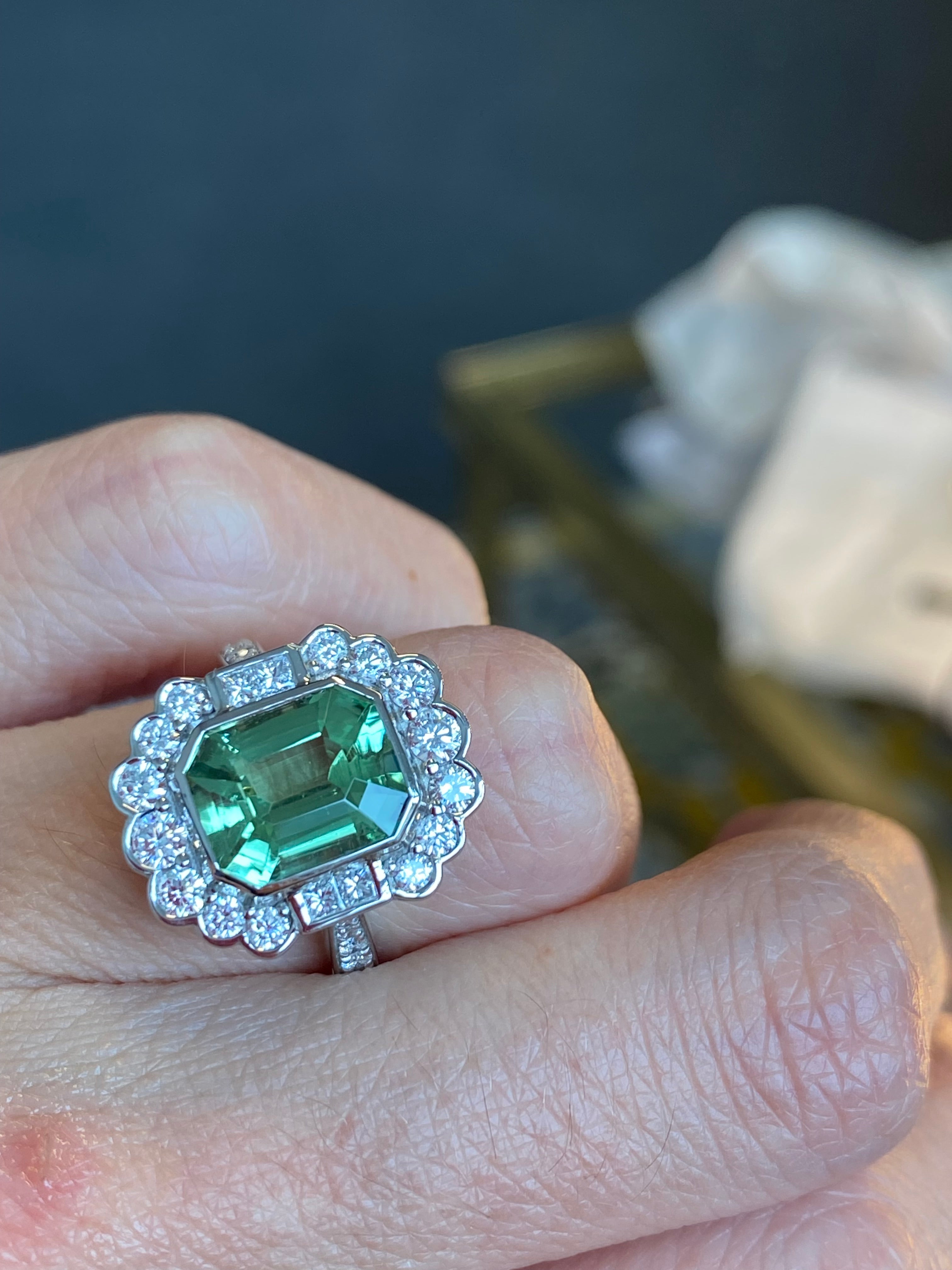4.01 CTW Emerald Cut Mint Tourmaline and Natural Diamond Ring in Platinum