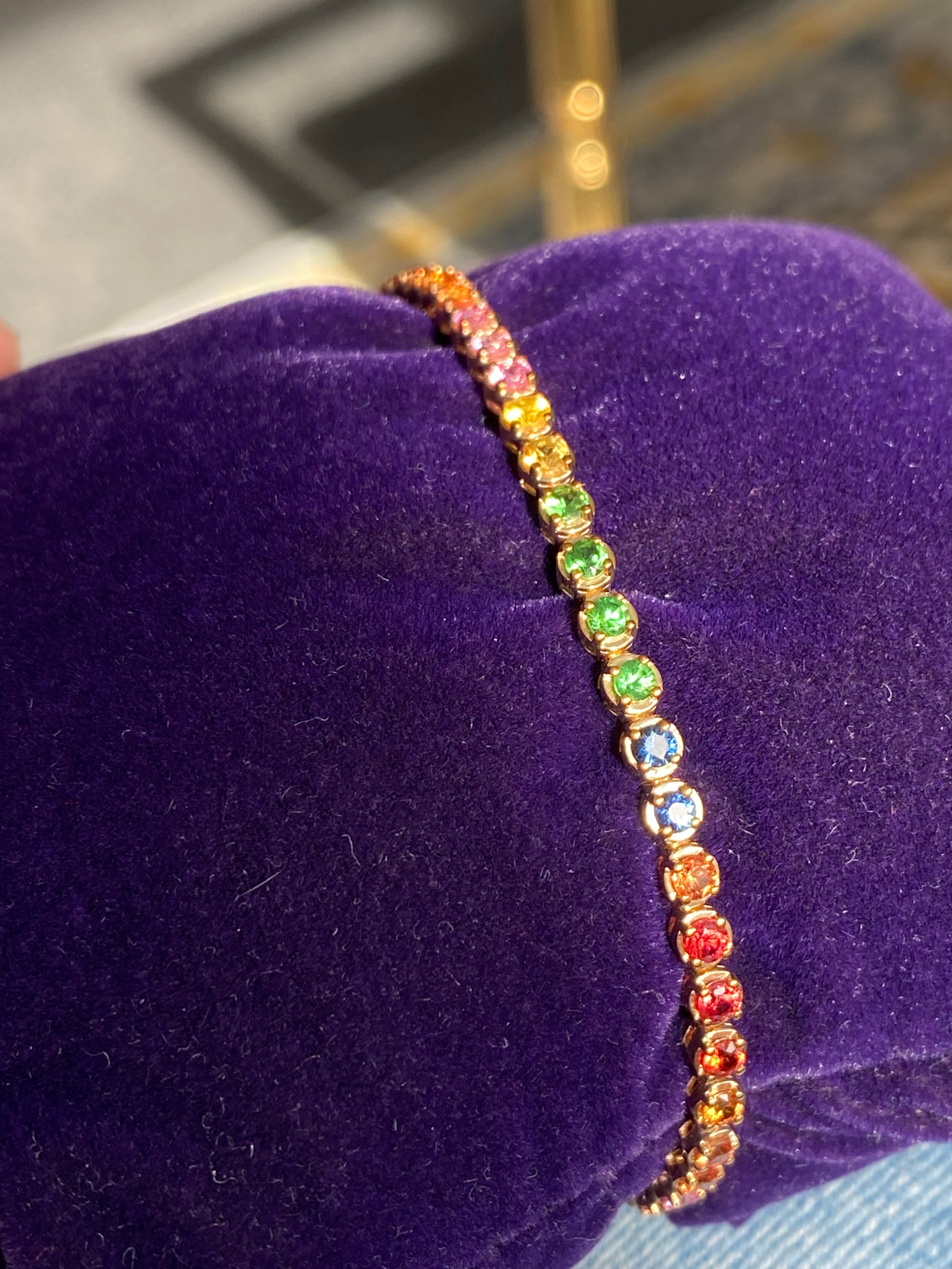 4.13 CTW Multicoloured Rainbow Ceylon Sapphire Line Bracelet in 9ct Yellow Gold