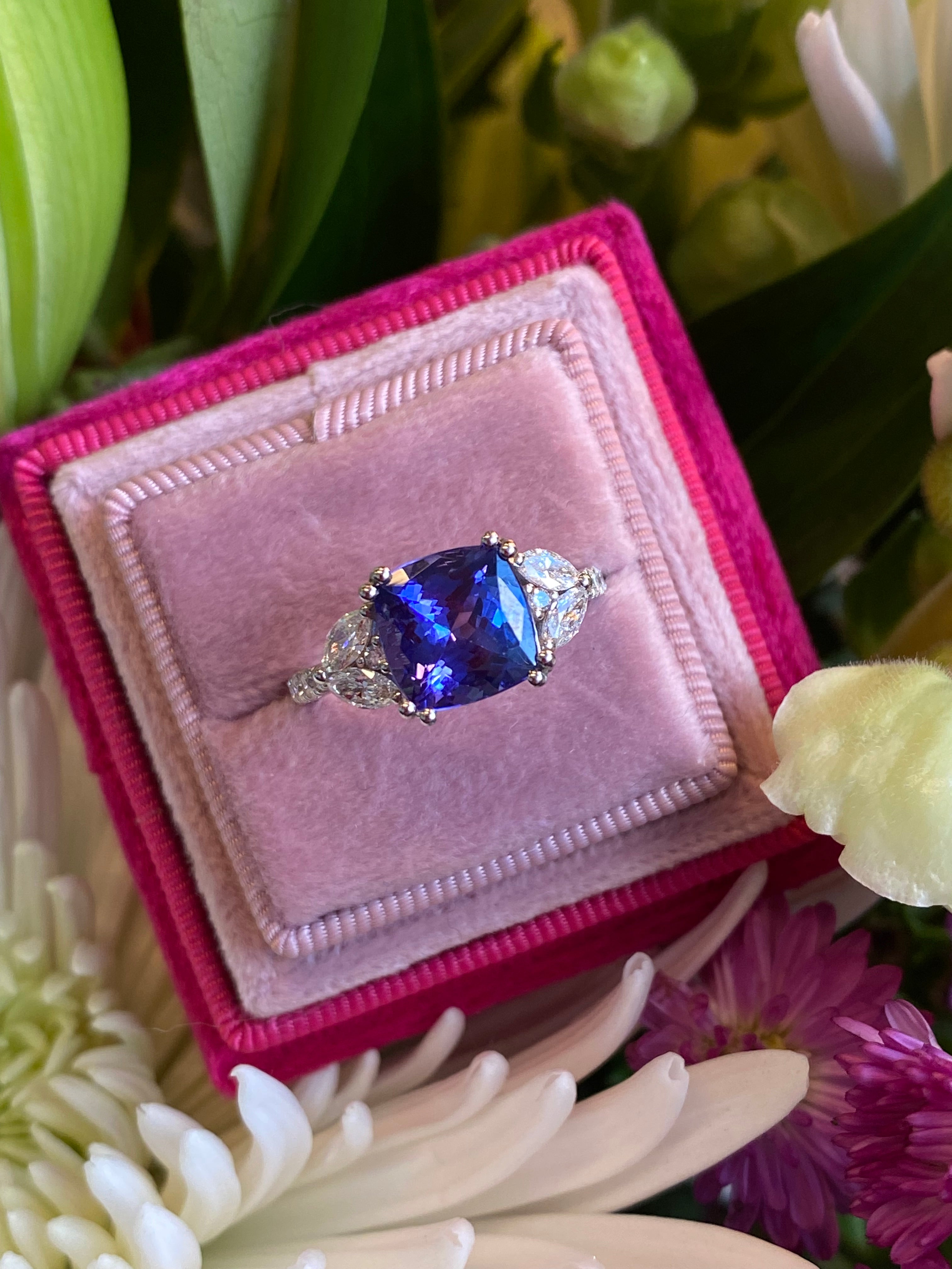 3.76 CTW Cushion Cut Tanzanite and Diamond Ring in Platinum