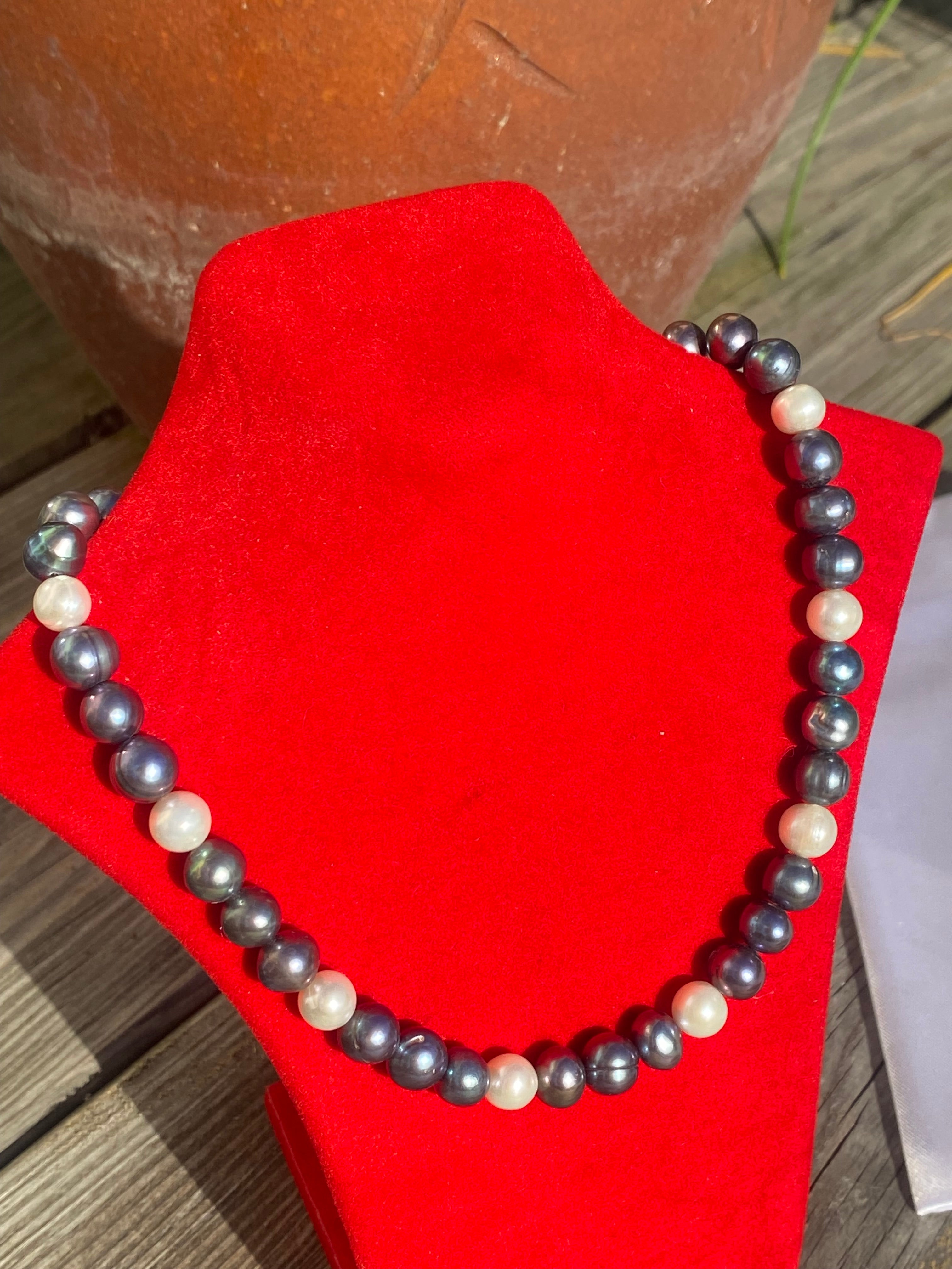 Vintage Black and White Freshwater Pearl Necklace with Sterling Silver Clasp