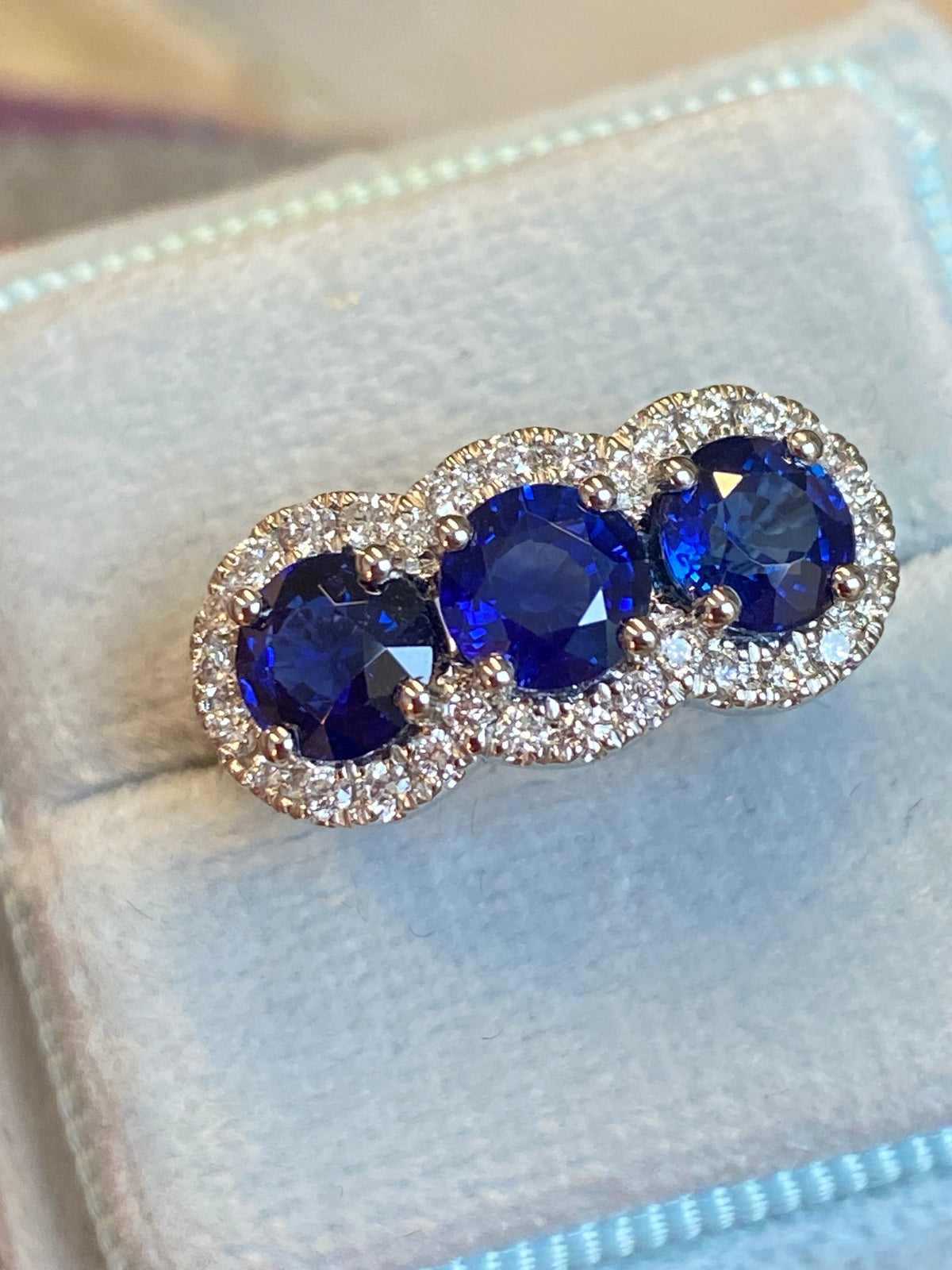 2.74 CTW Round Cut Blue Sapphire and Diamond Trilogy Ring in Platinum