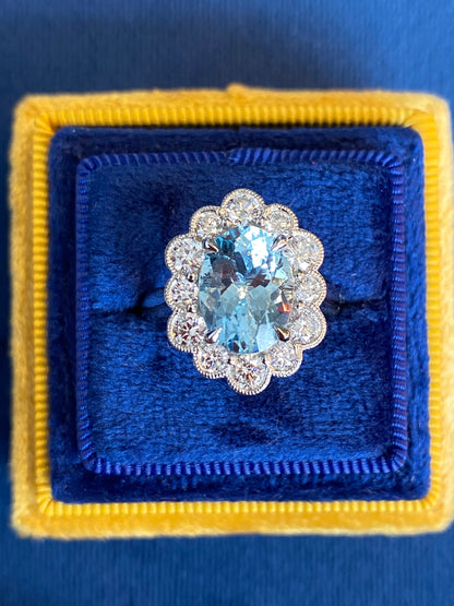 4.09 CTW Oval Cut Aquamarine and Natural Diamond Halo Engagement Ring in Platinum