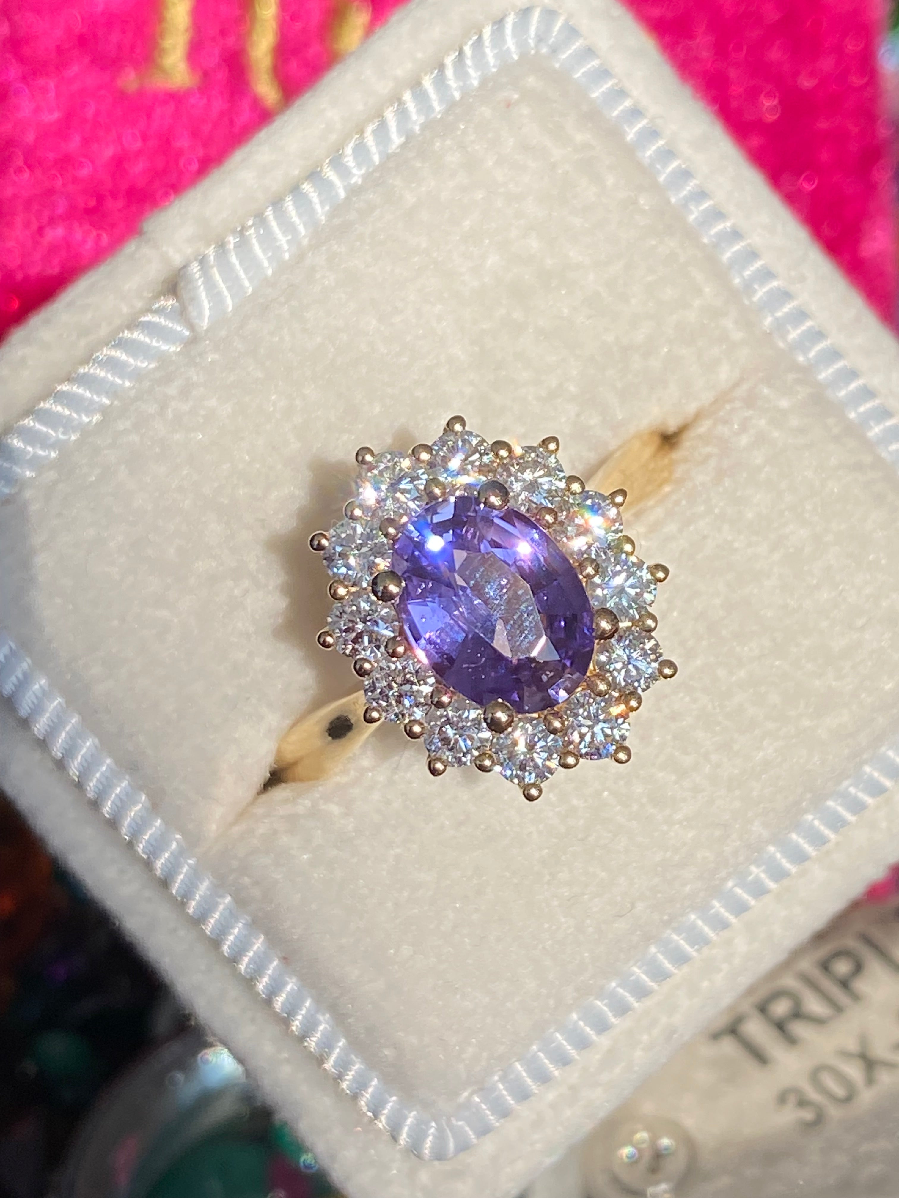 2.08 CTW Violet Sapphire and Natural Diamond Halo Ring in 18ct Yellow Gold