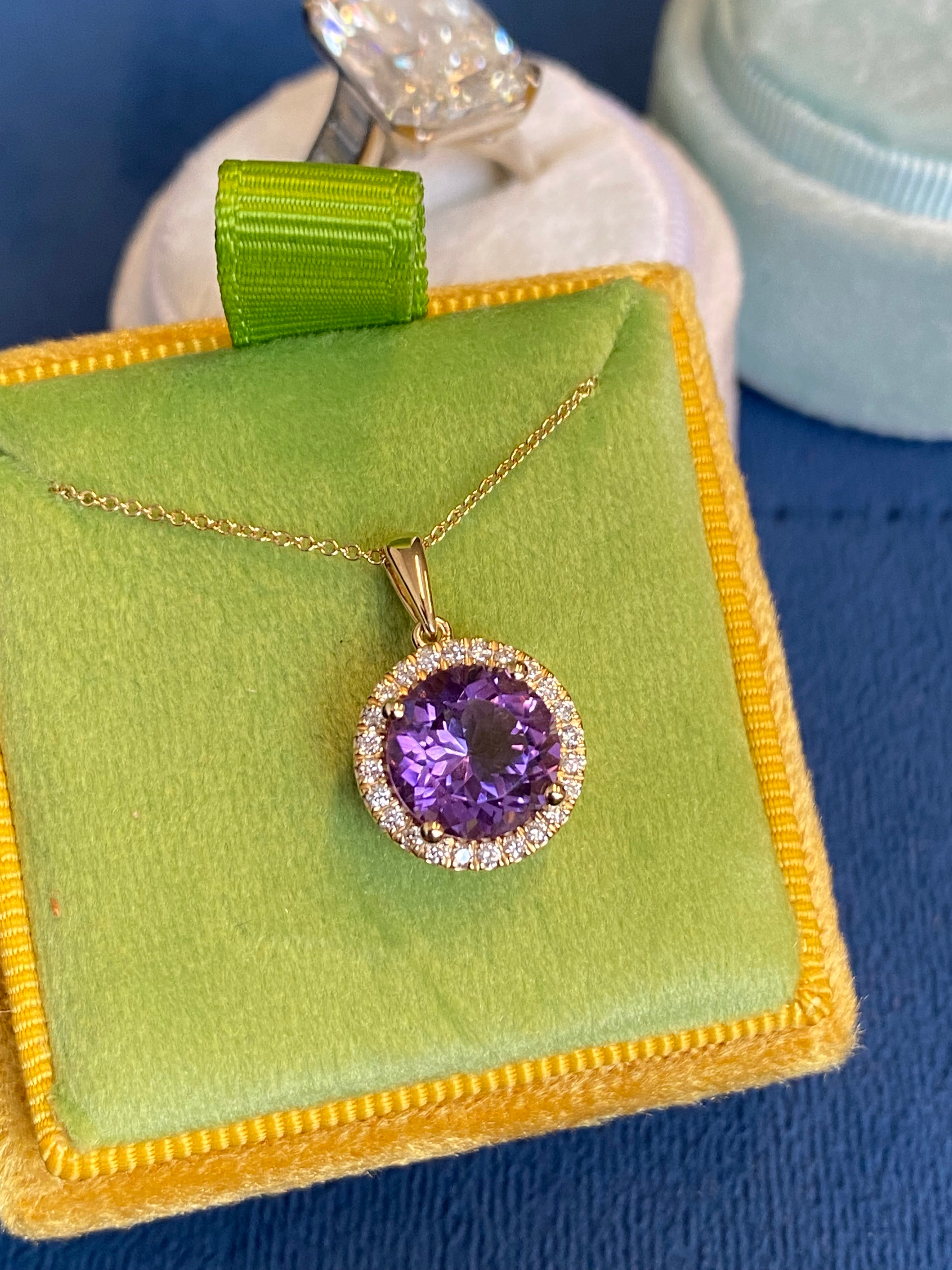 2.72 CTW Amethyst and Natural Diamond Pendant Necklace in 9ct Yellow Gold