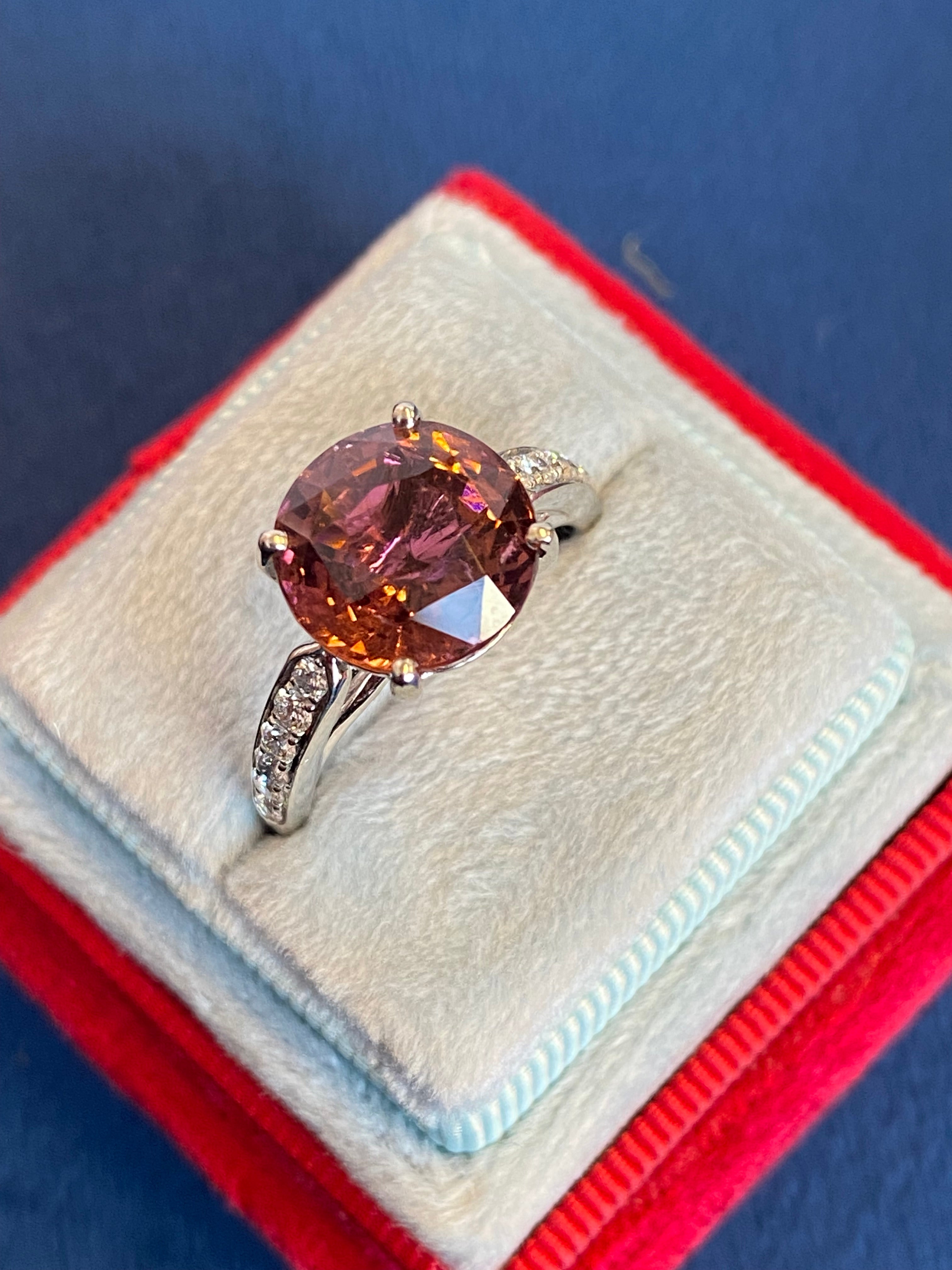 5.09 Carat Round Cut Pink Tourmaline and Natural Diamond Engagement Ring in Platinum