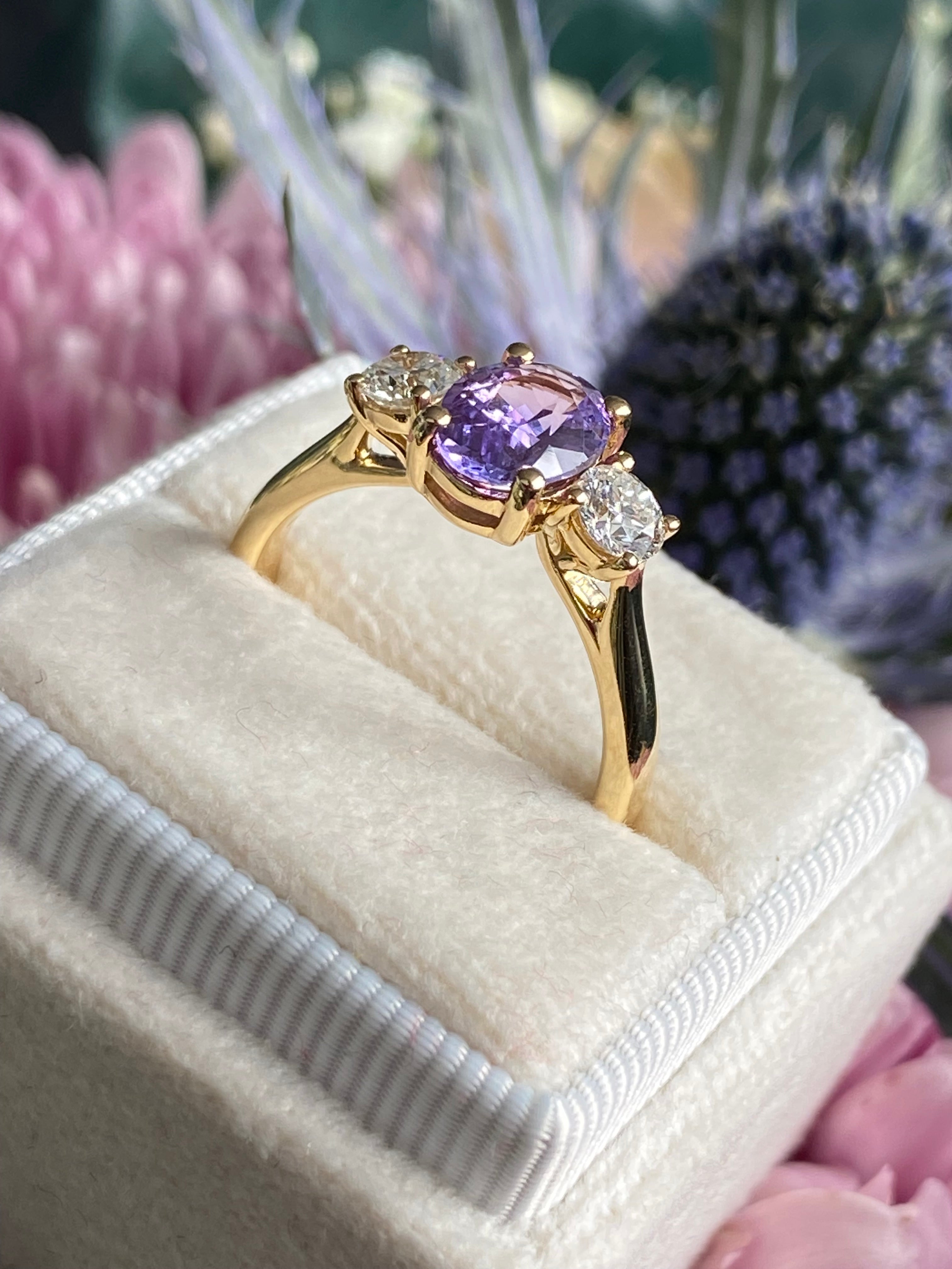 1.82 CTW Purple Sapphire and Natural Diamond Three Stone Ring in 18ct Yellow Gold