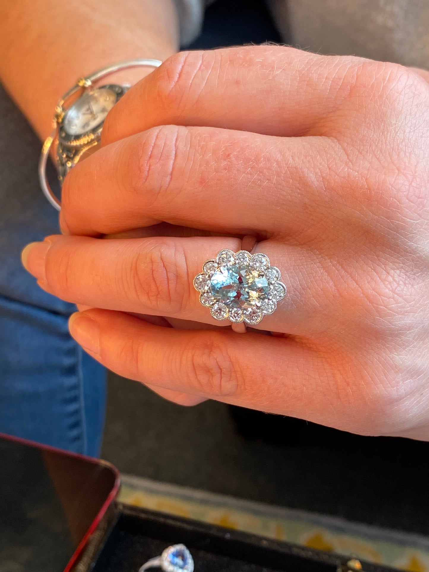 4.09 CTW Oval Cut Aquamarine and Natural Diamond Halo Engagement Ring in Platinum