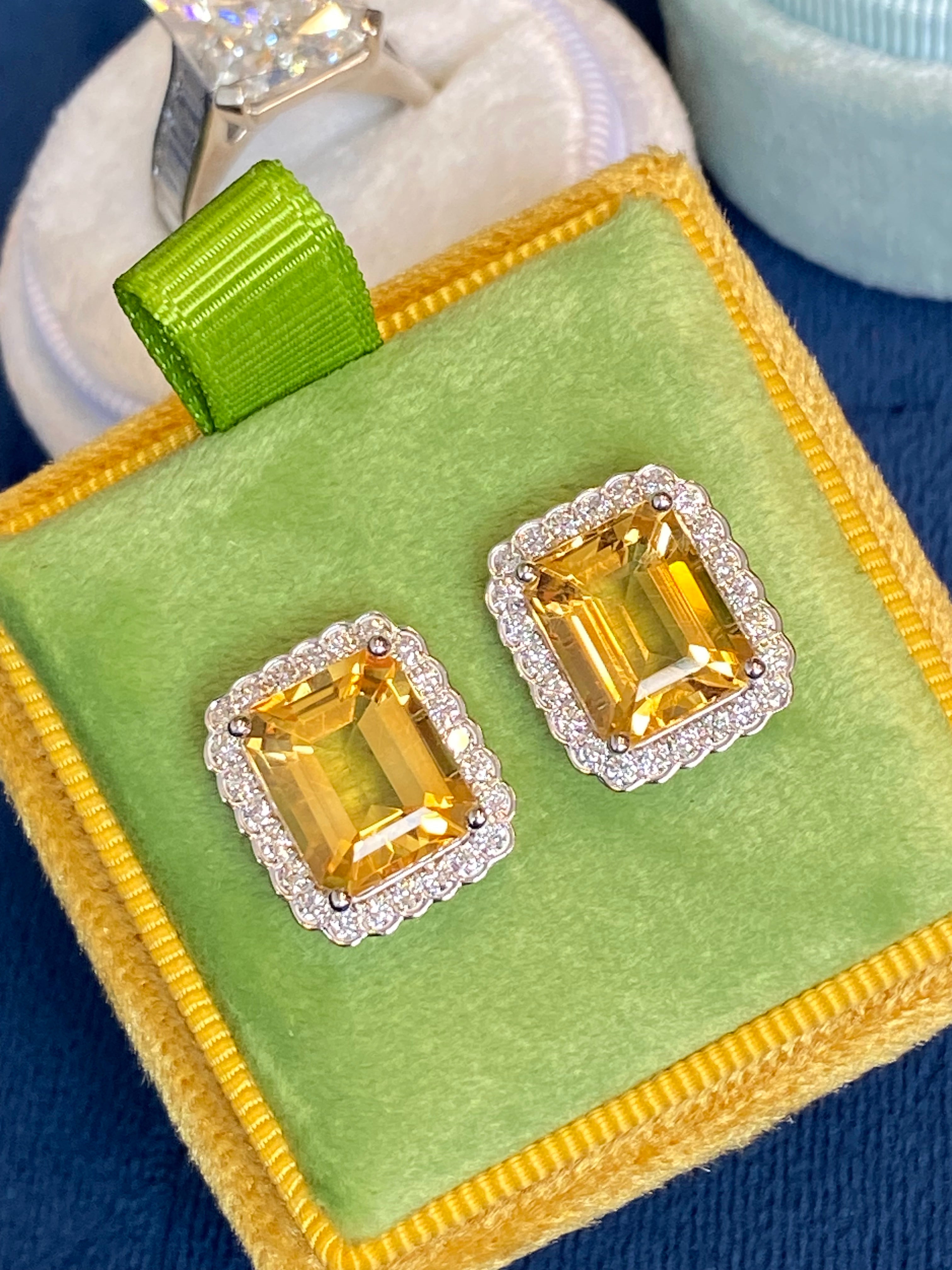 9.31ctw Citrine and Natural Diamond Stud Earrings in 9ct White Gold