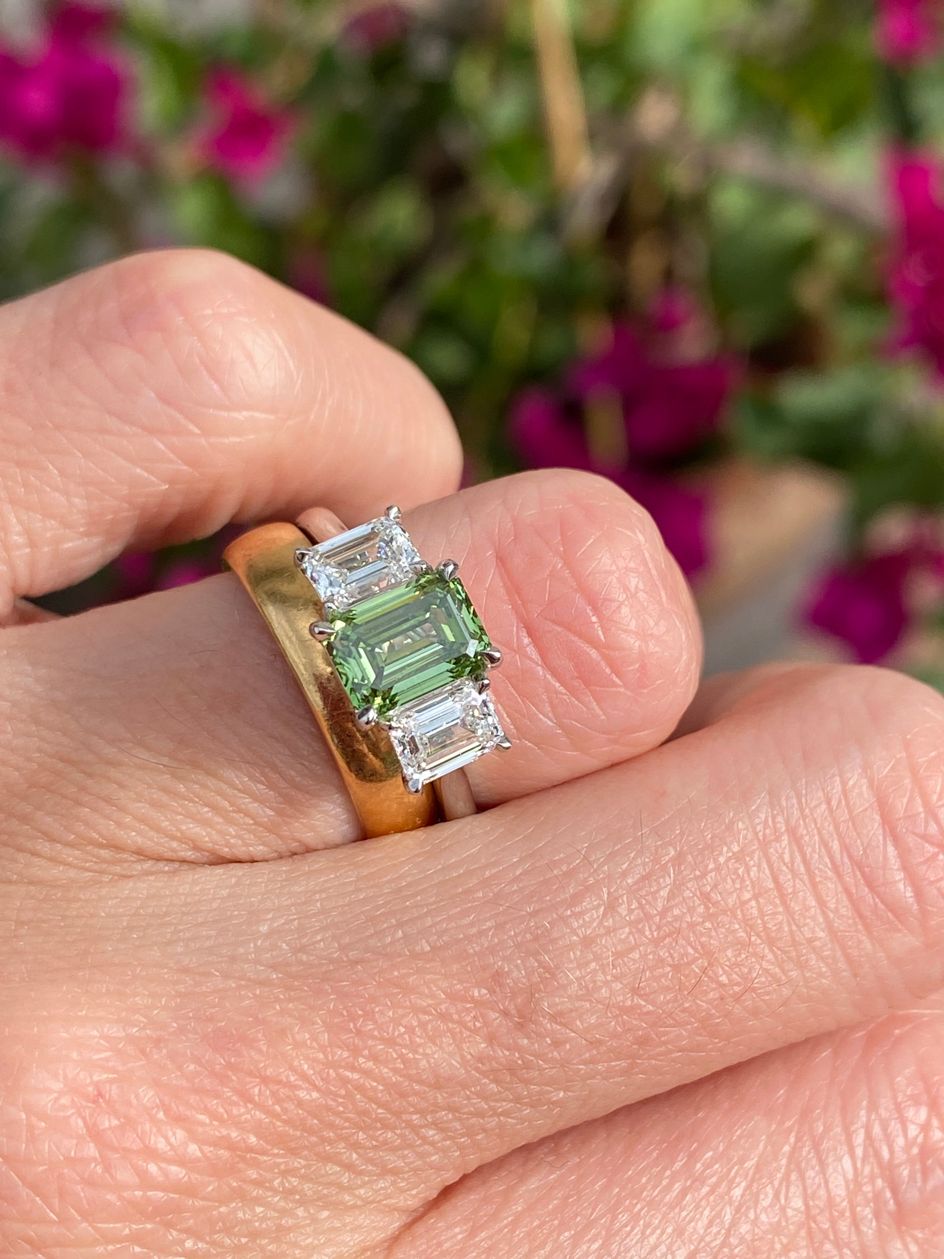 2.61 CTW Fancy Green Lab Grown Diamond Graduated Three Stone Ring in Platinum