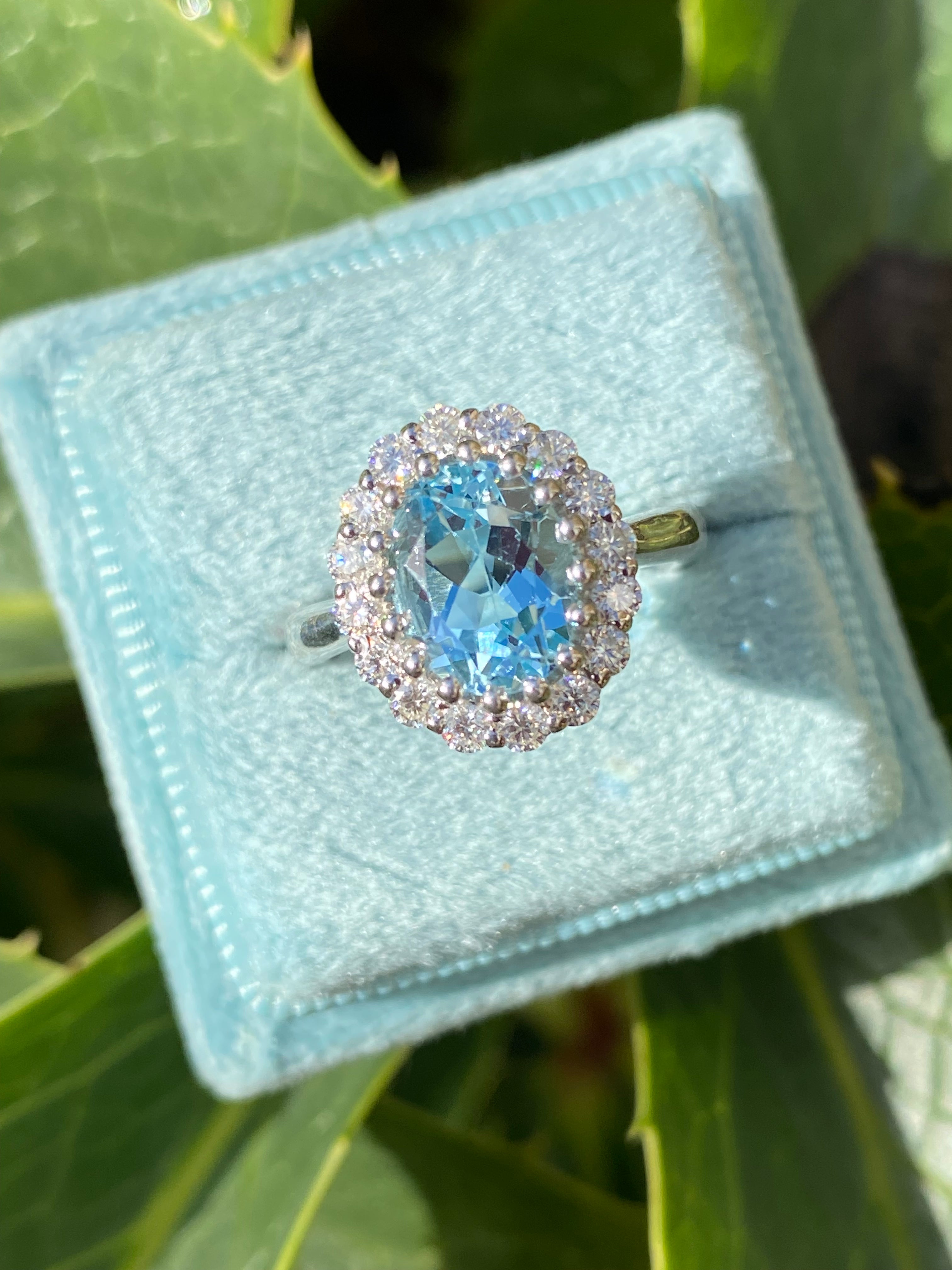 2.33 CTW Oval Cut Blue Topaz and Moissanite Halo Cluster Ring in Sterling Silver