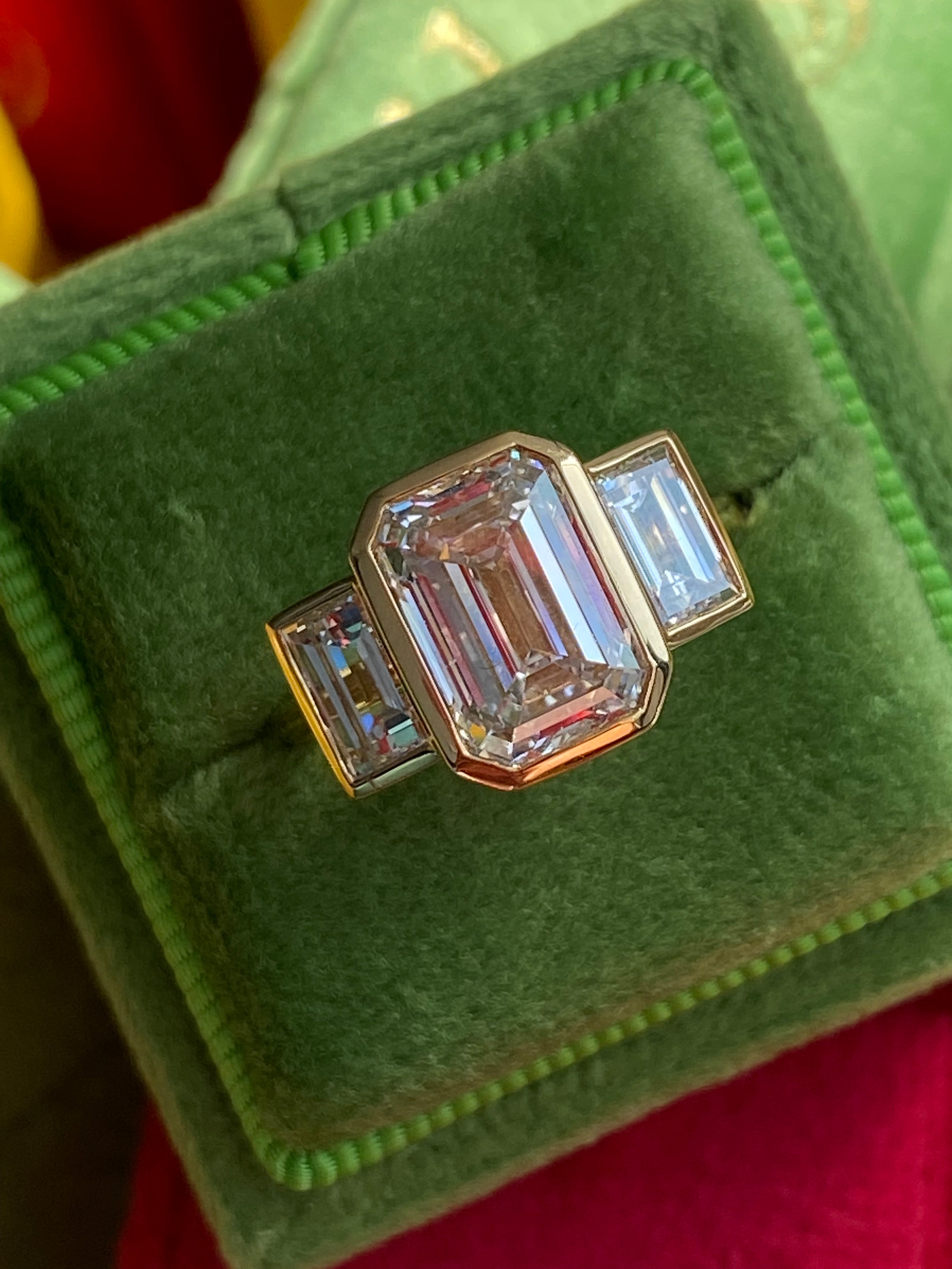 4.32 CTW Emerald Cut Bezel Set Lab Diamond Ring in 18ct Yellow Gold