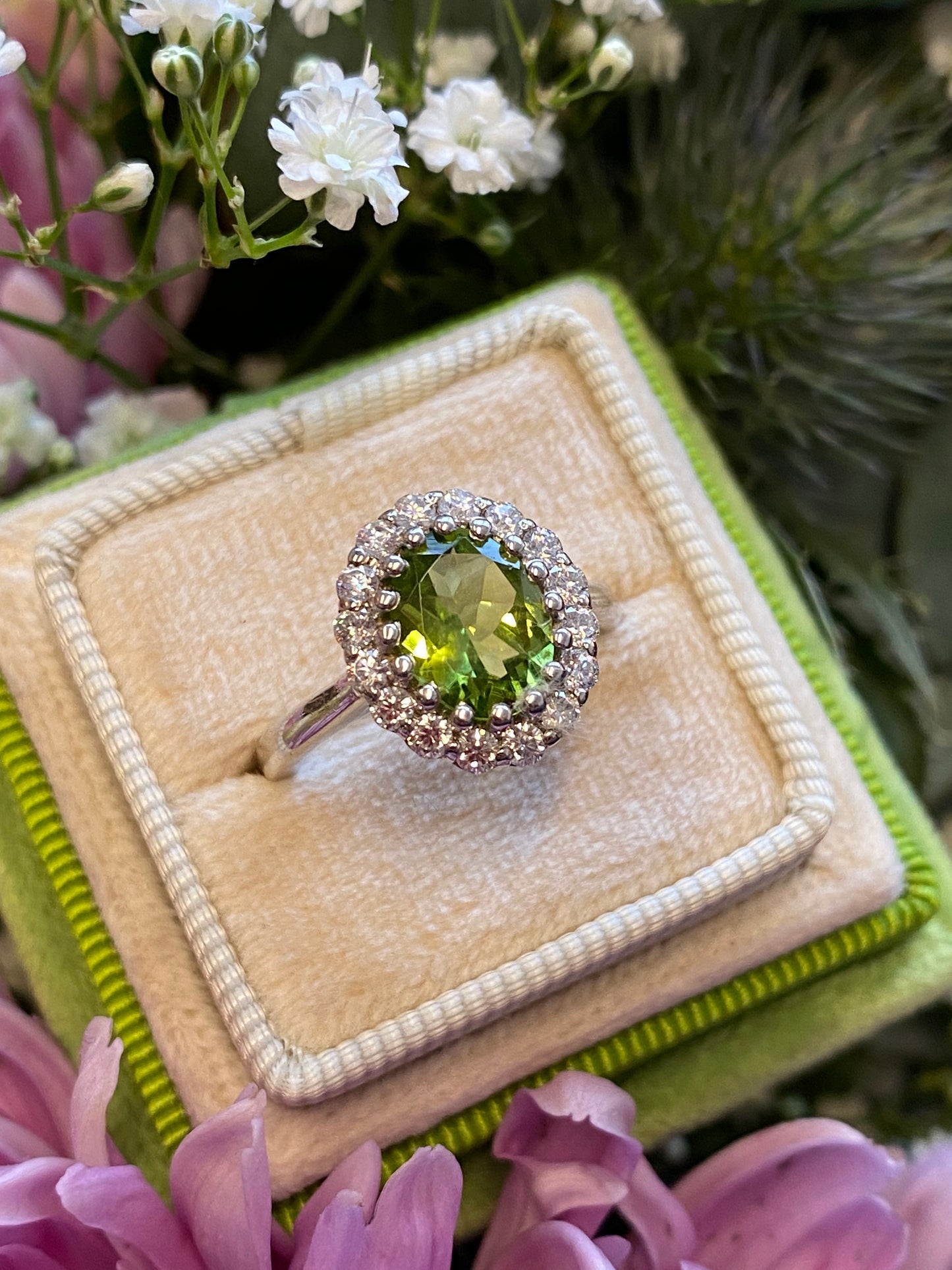2.33 CTW Oval Cut Peridot and Moissanite Halo Cocktail Ring in Sterling Silver
