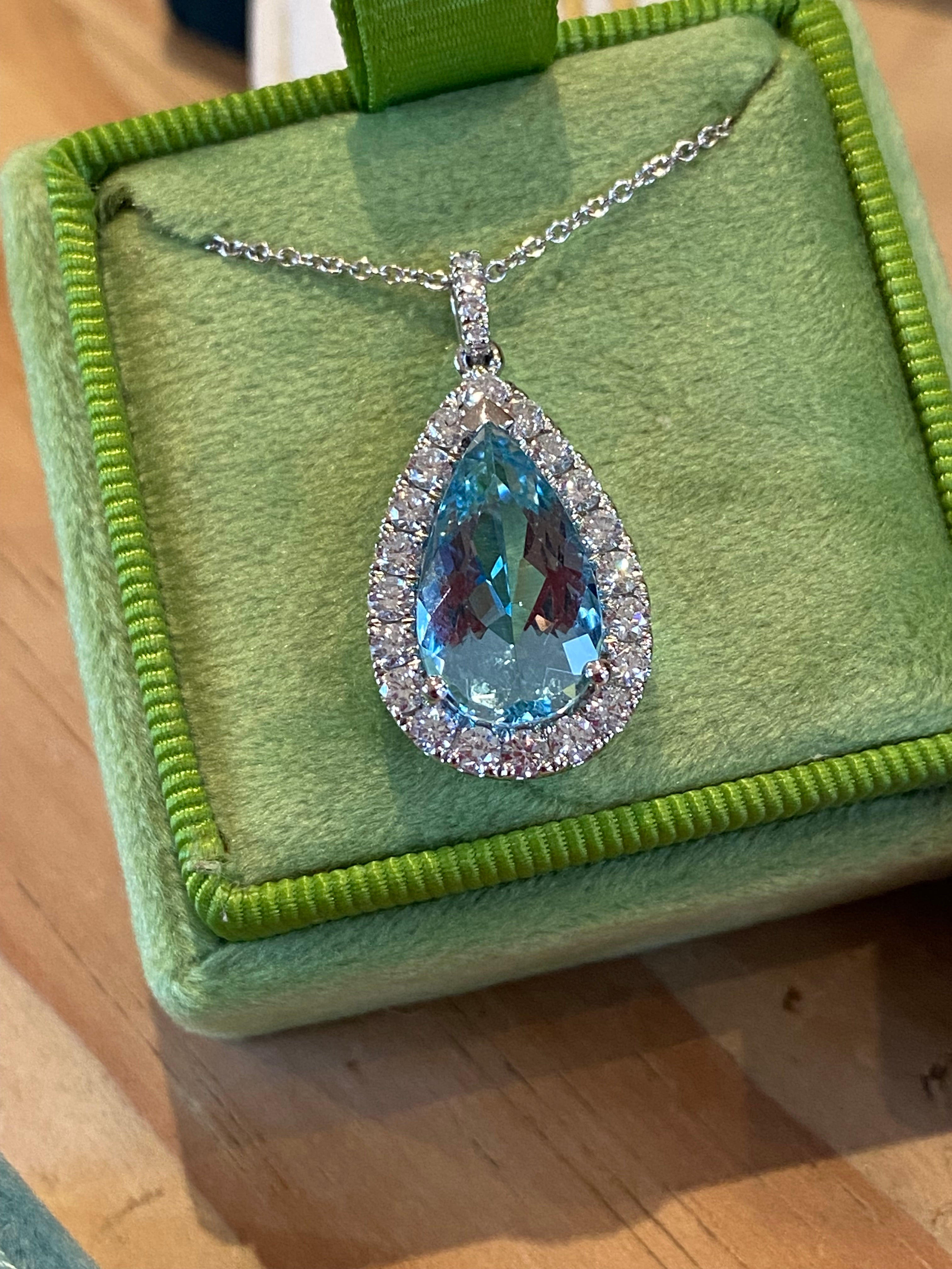 5.14 CTW Pear Cut Aquamarine and Natural Diamond Pendant Necklace in 18ct White Gold