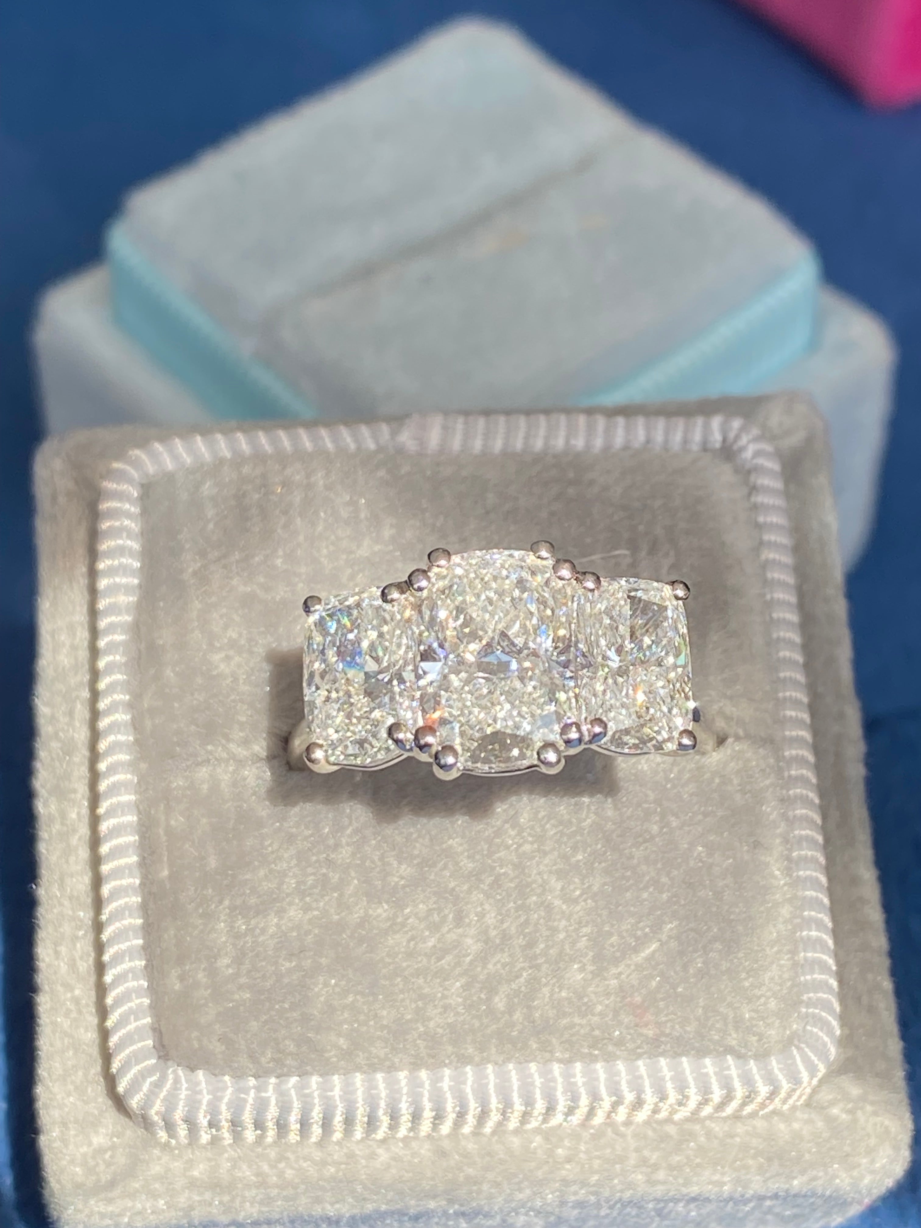 4.10 CTW Cushion Cut D Colour VS1 Lab Diamond Three Stone Ring in Platinum